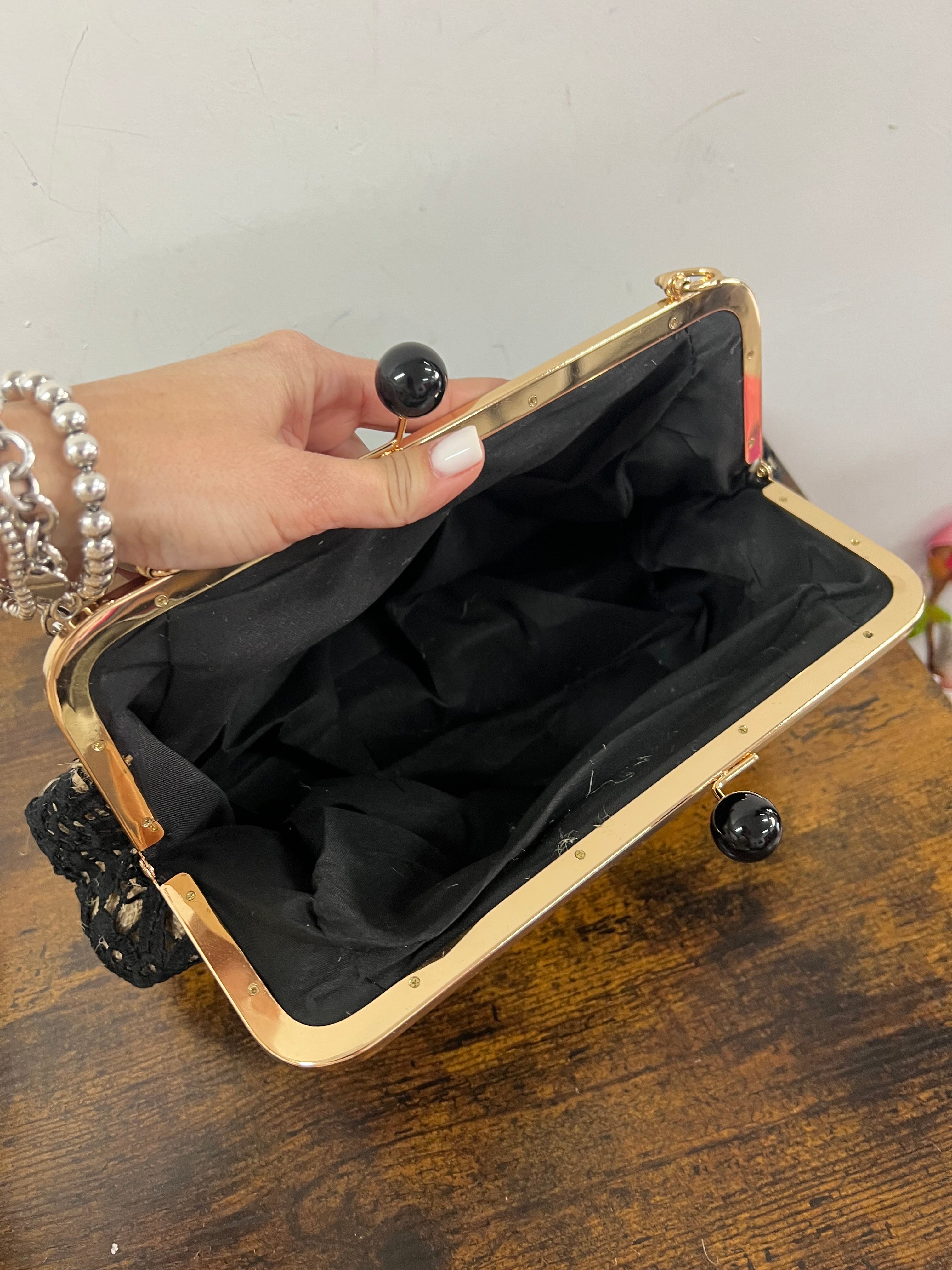 Maxi borsello merletto e juta nero