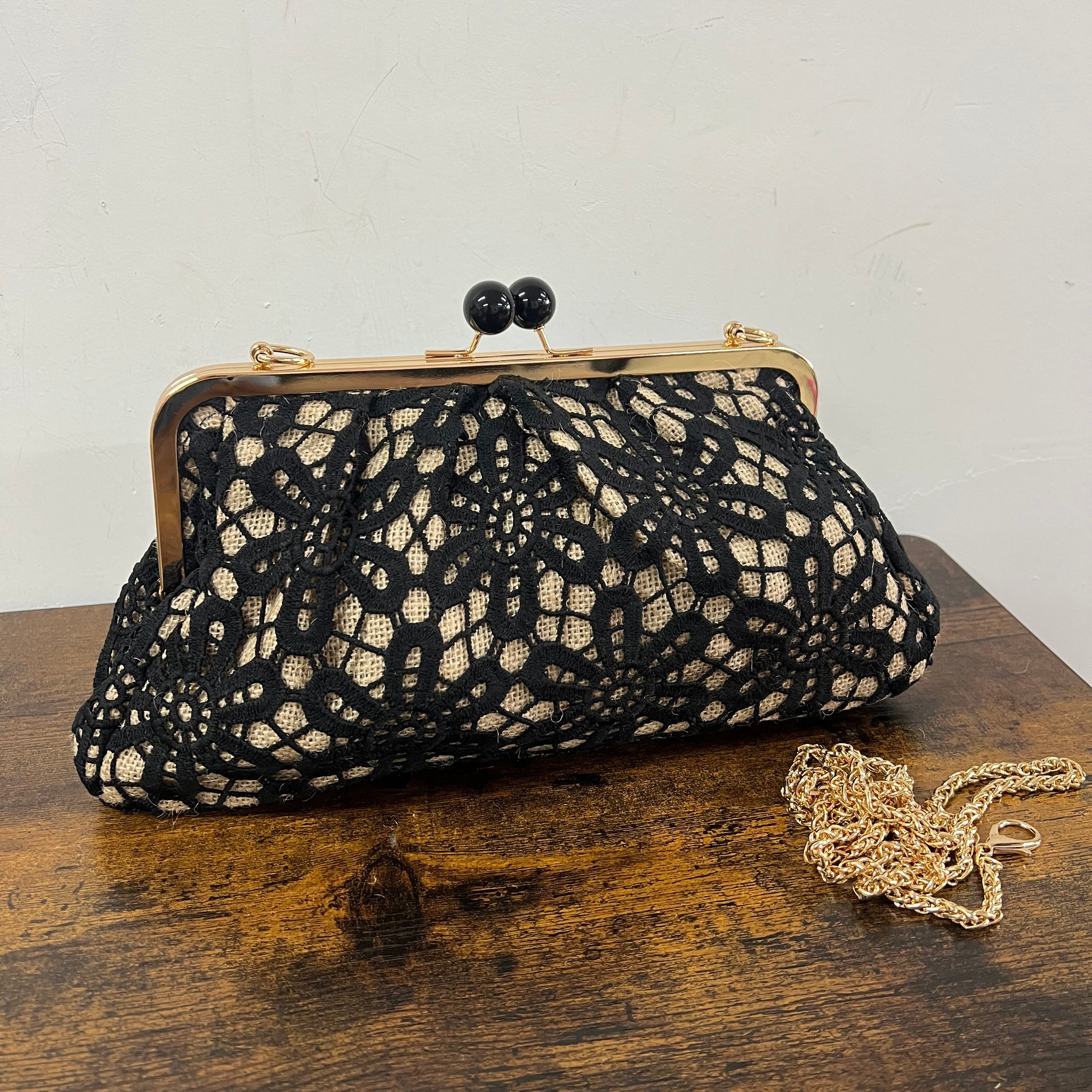 Maxi borsello merletto e juta nero