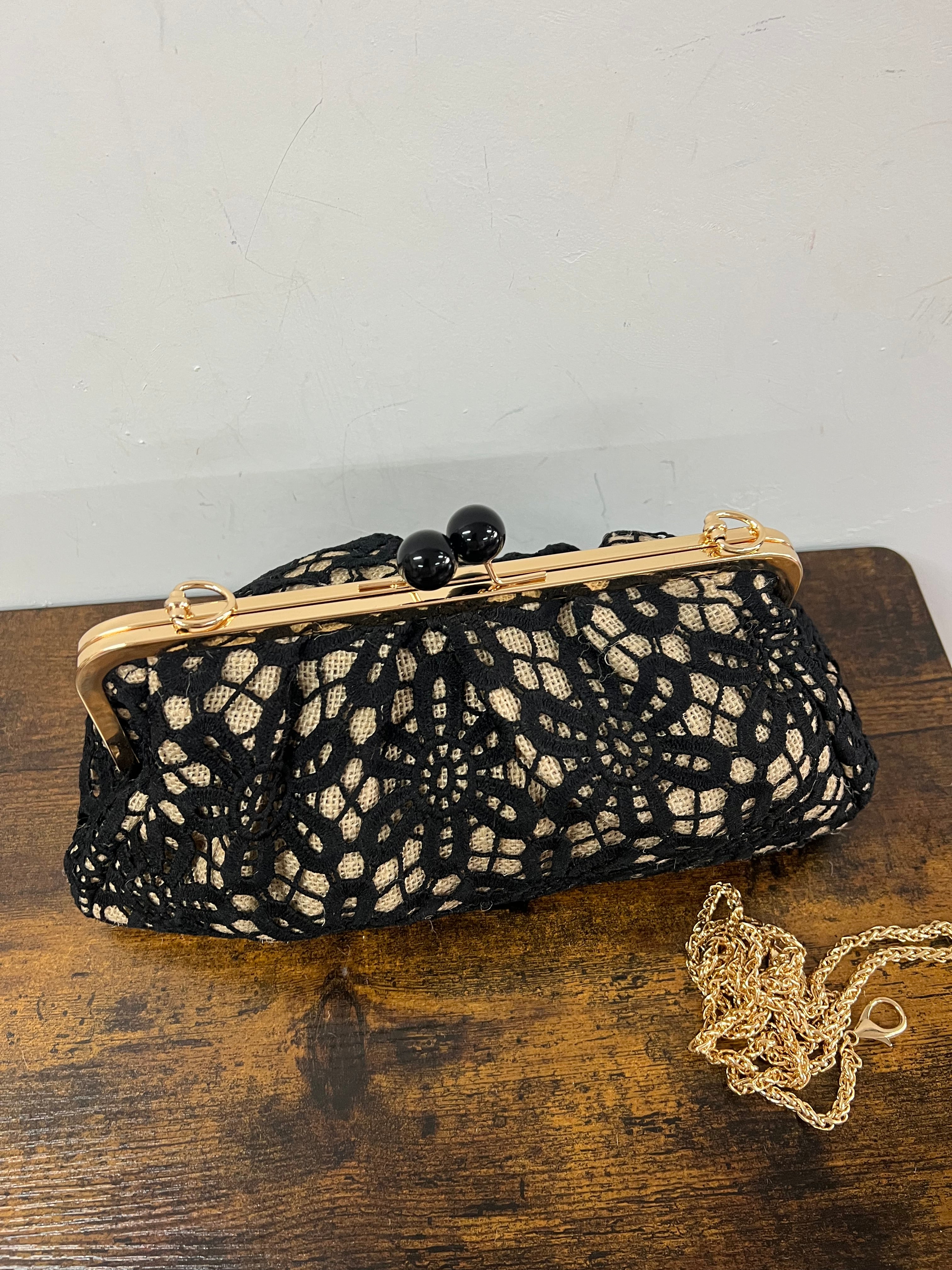 Maxi borsello merletto e juta nero