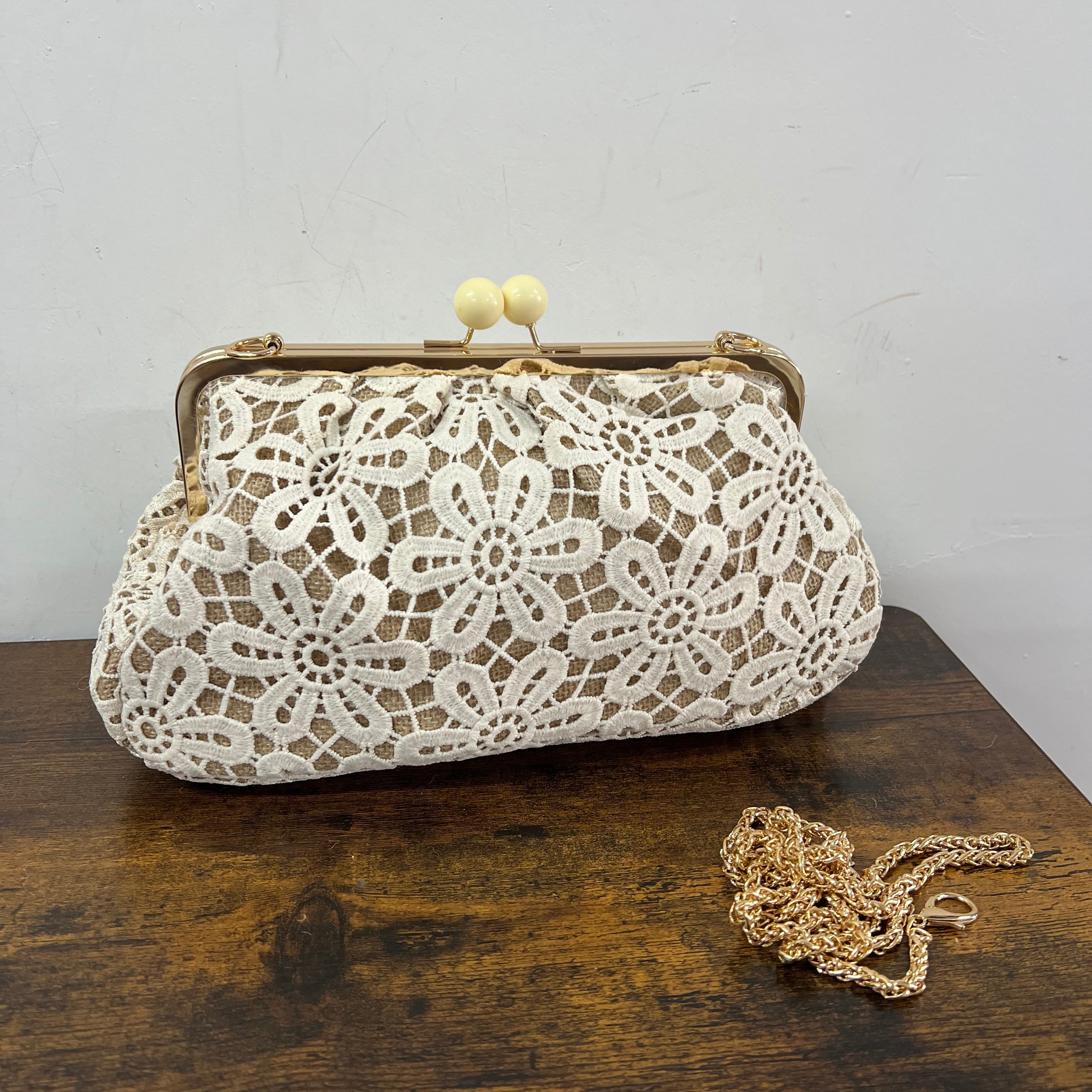 Maxi borsello merletto e juta panna