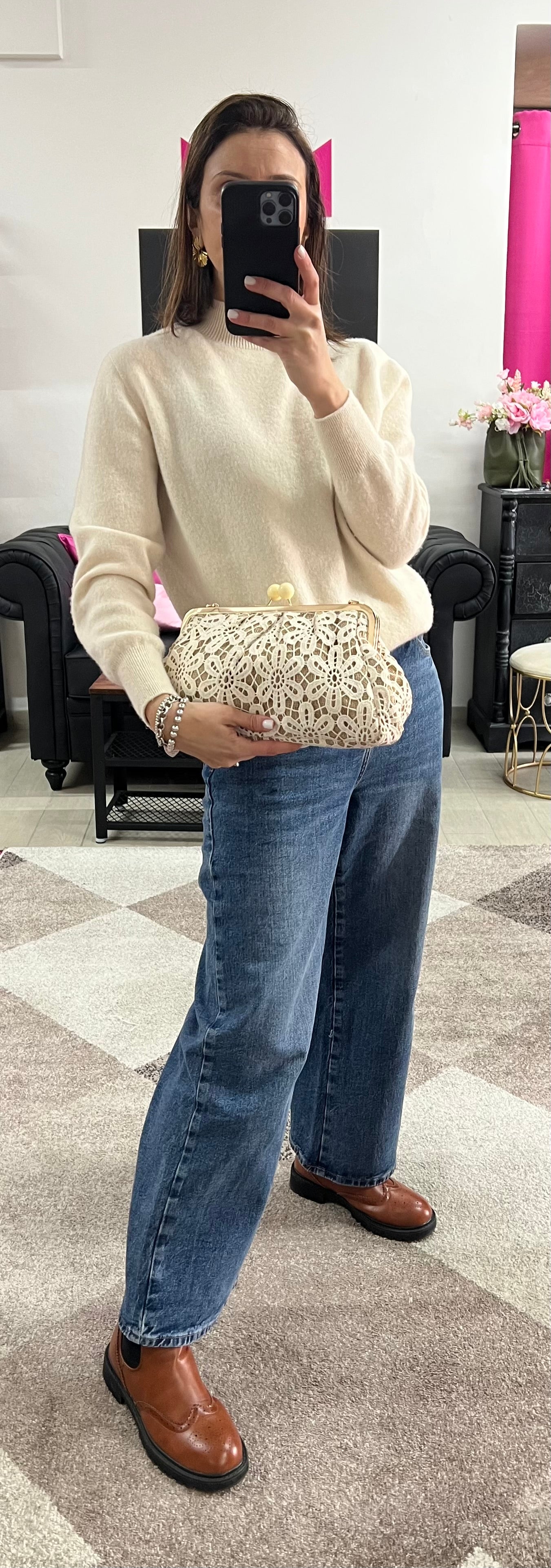 Maxi borsello merletto e juta panna