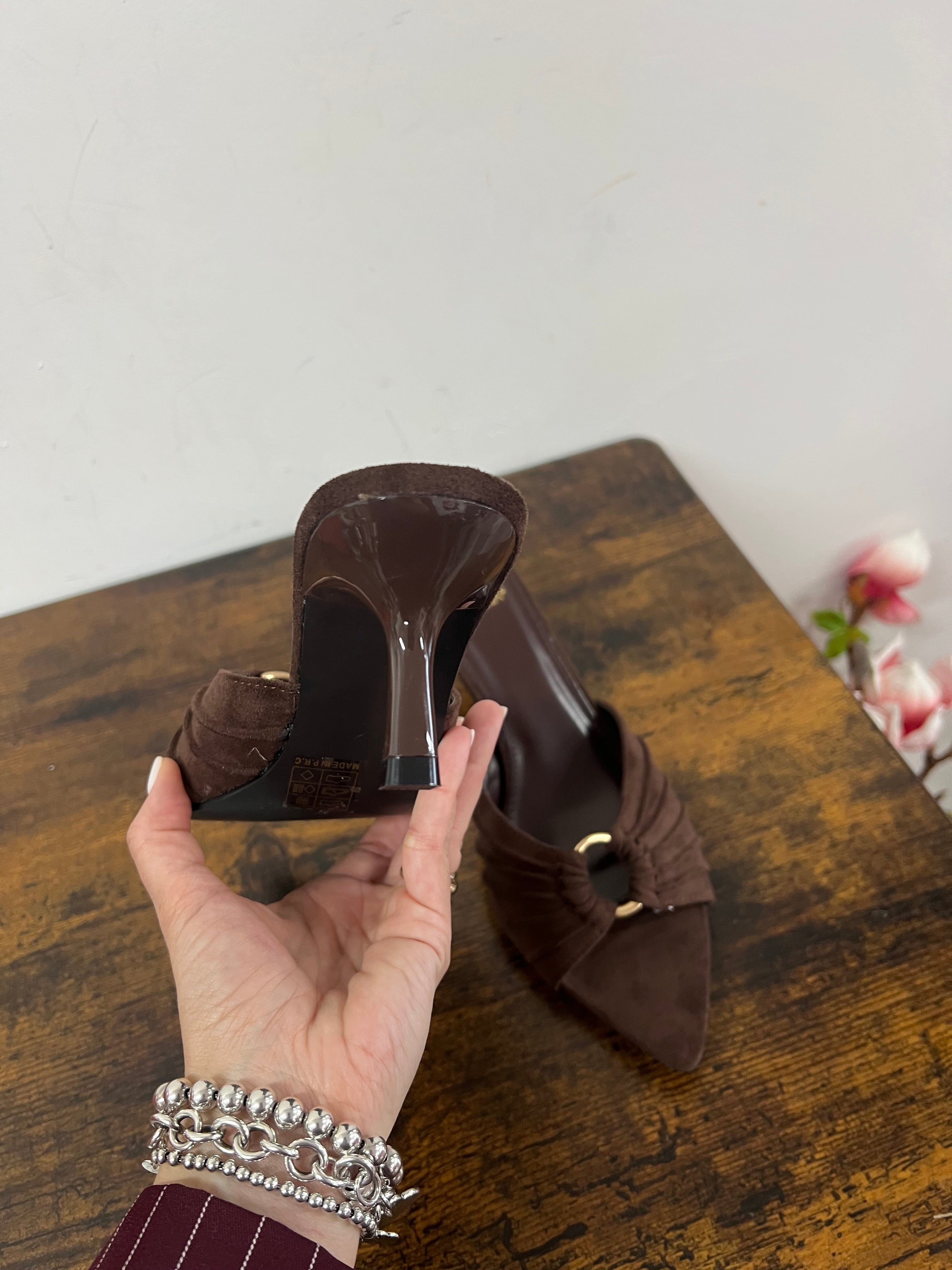 Dark brown suede mules