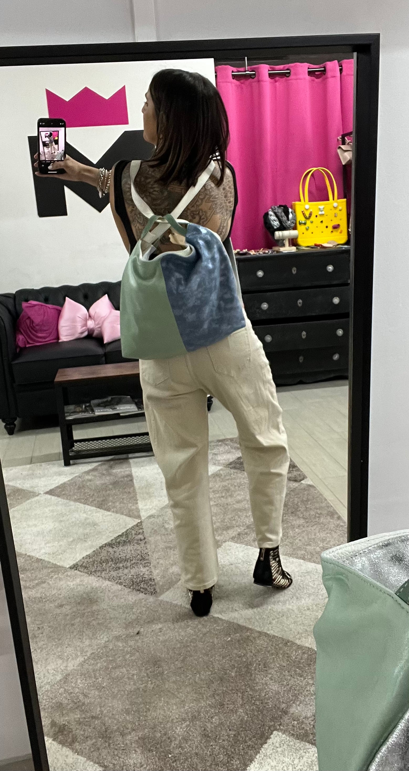 Borsa zaino patchwork argento salvia avio