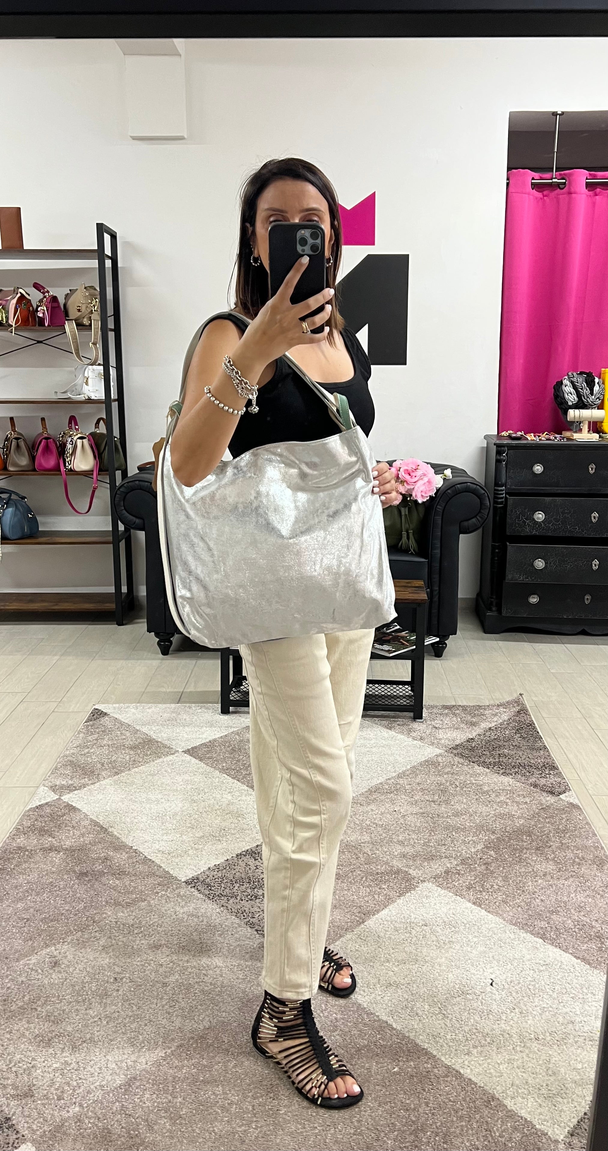 Borsa zaino patchwork argento salvia avio
