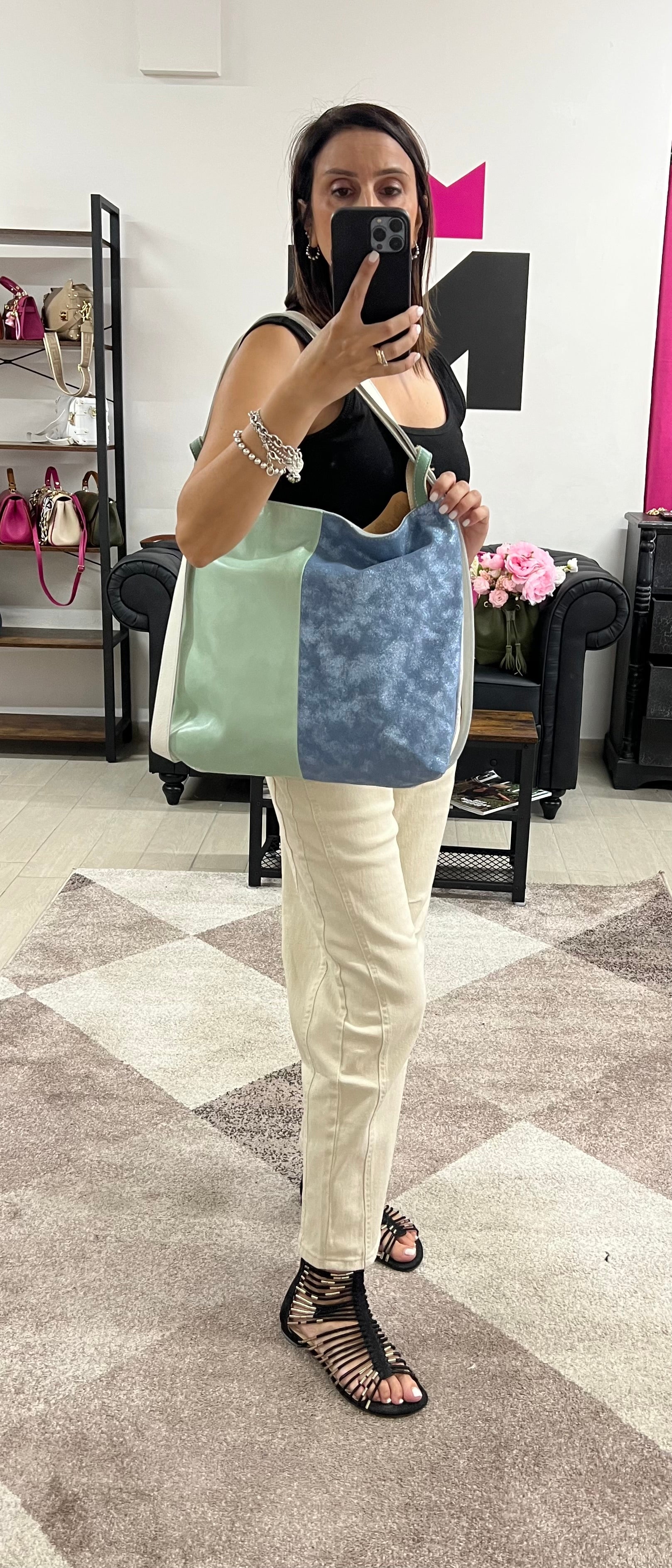 Borsa zaino patchwork argento salvia avio