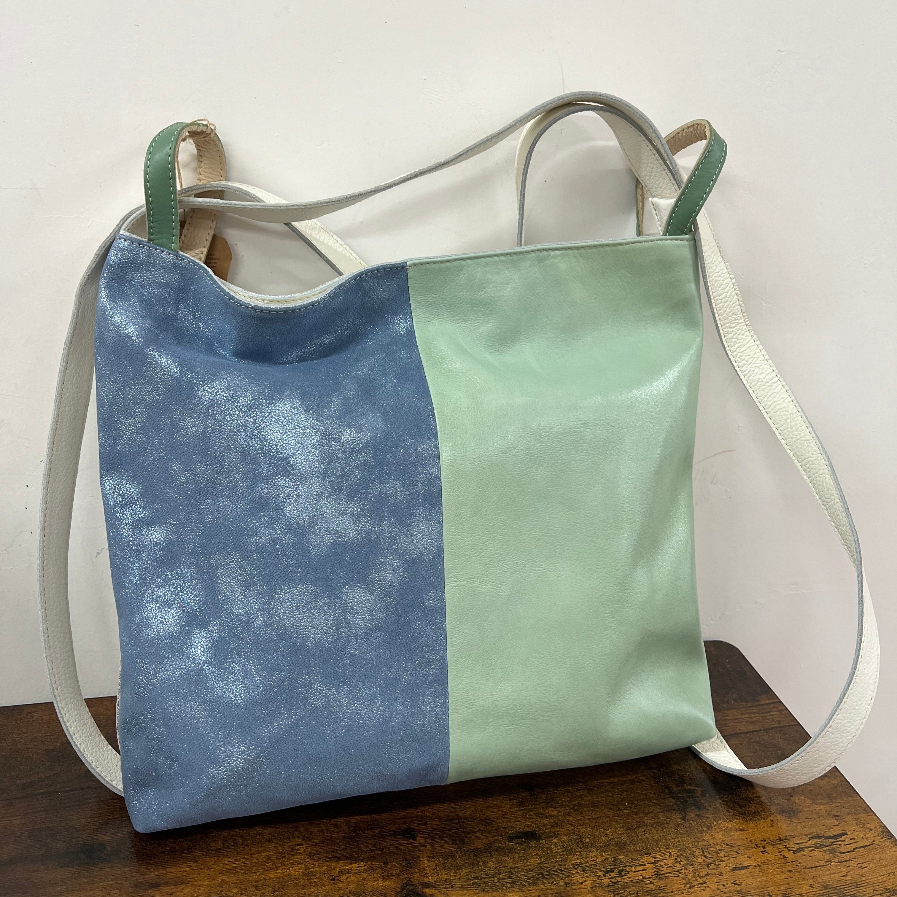Borsa zaino patchwork argento salvia avio