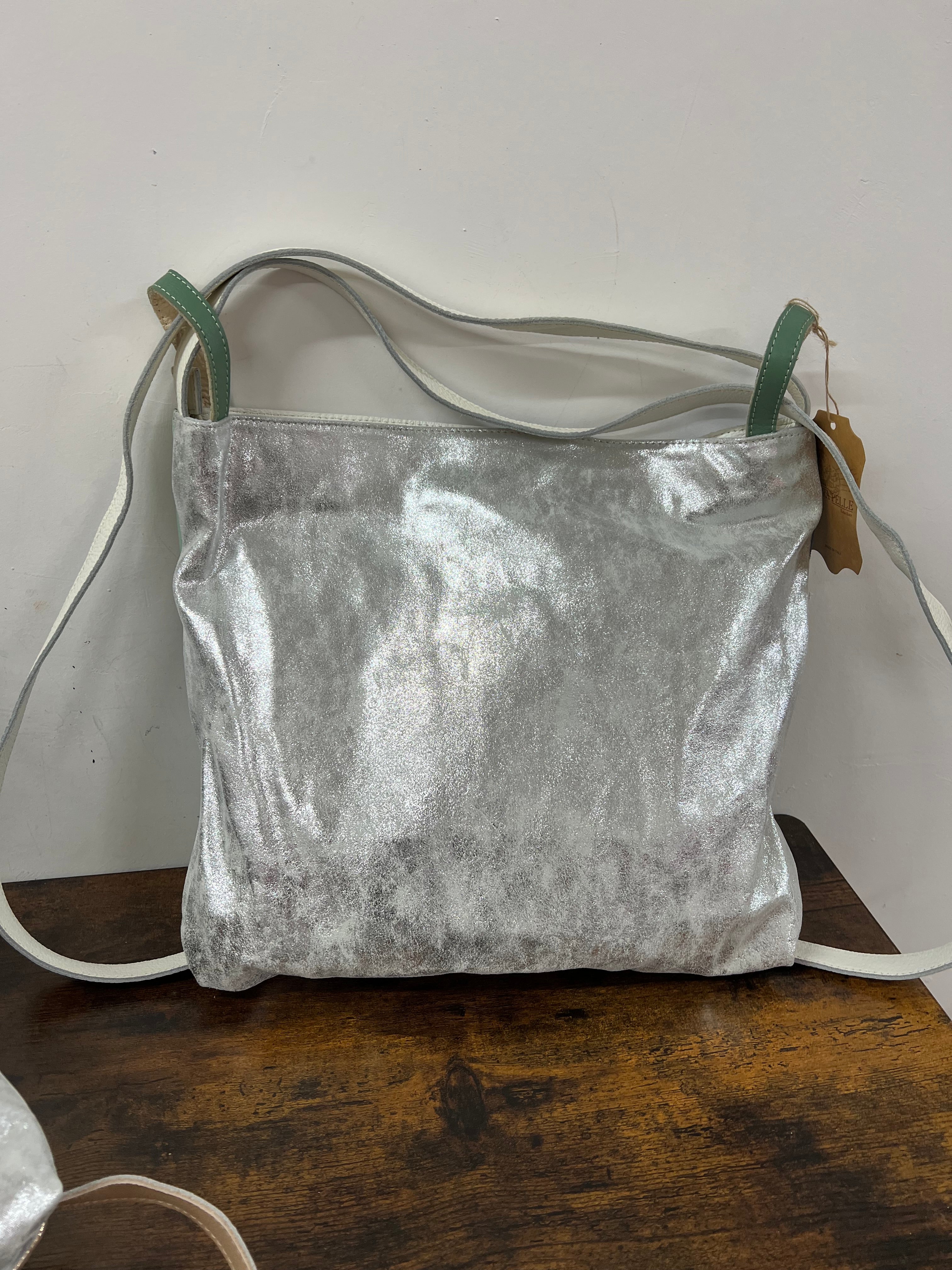 Borsa zaino patchwork argento salvia avio