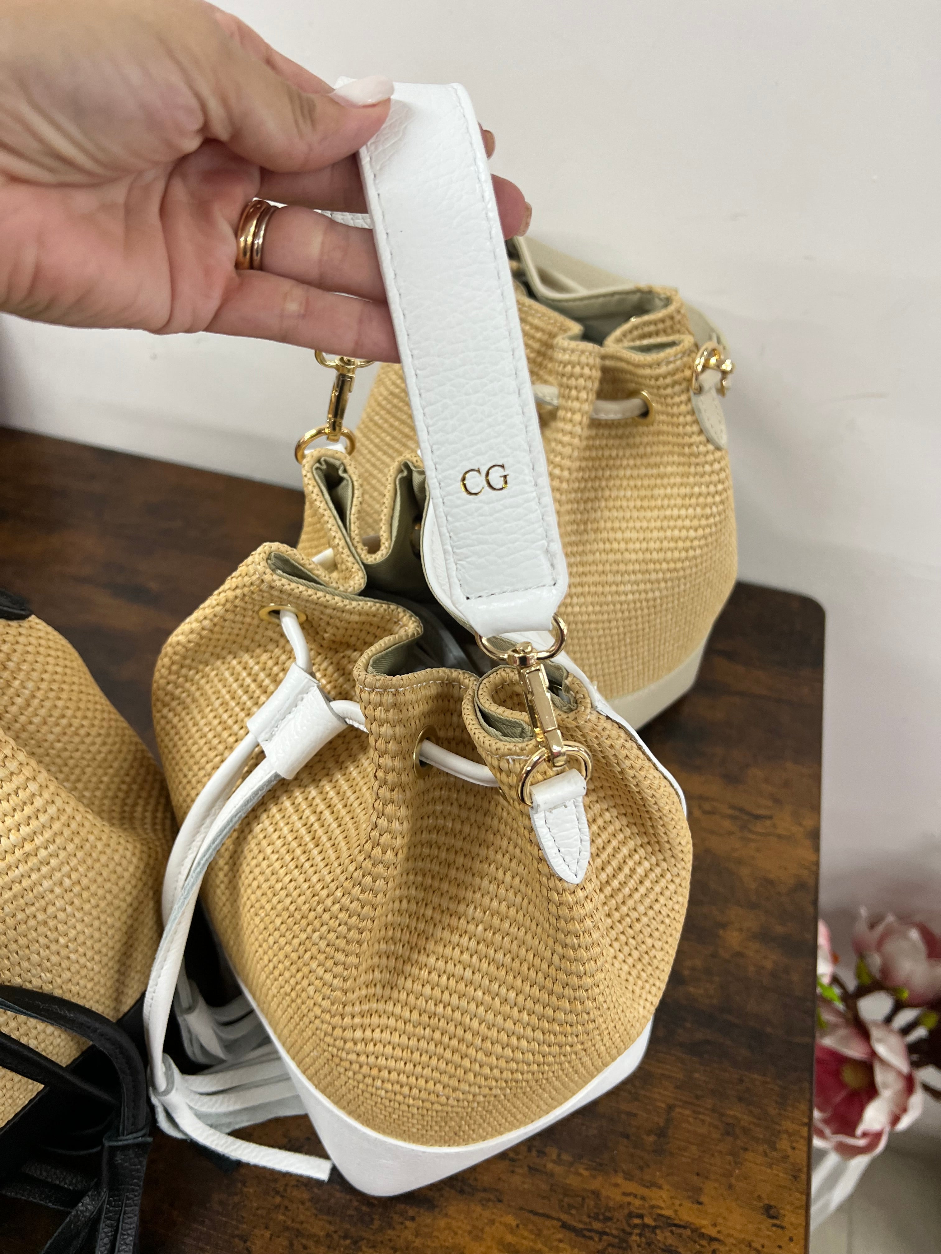 Sacchetto frange mini z rafia bianco