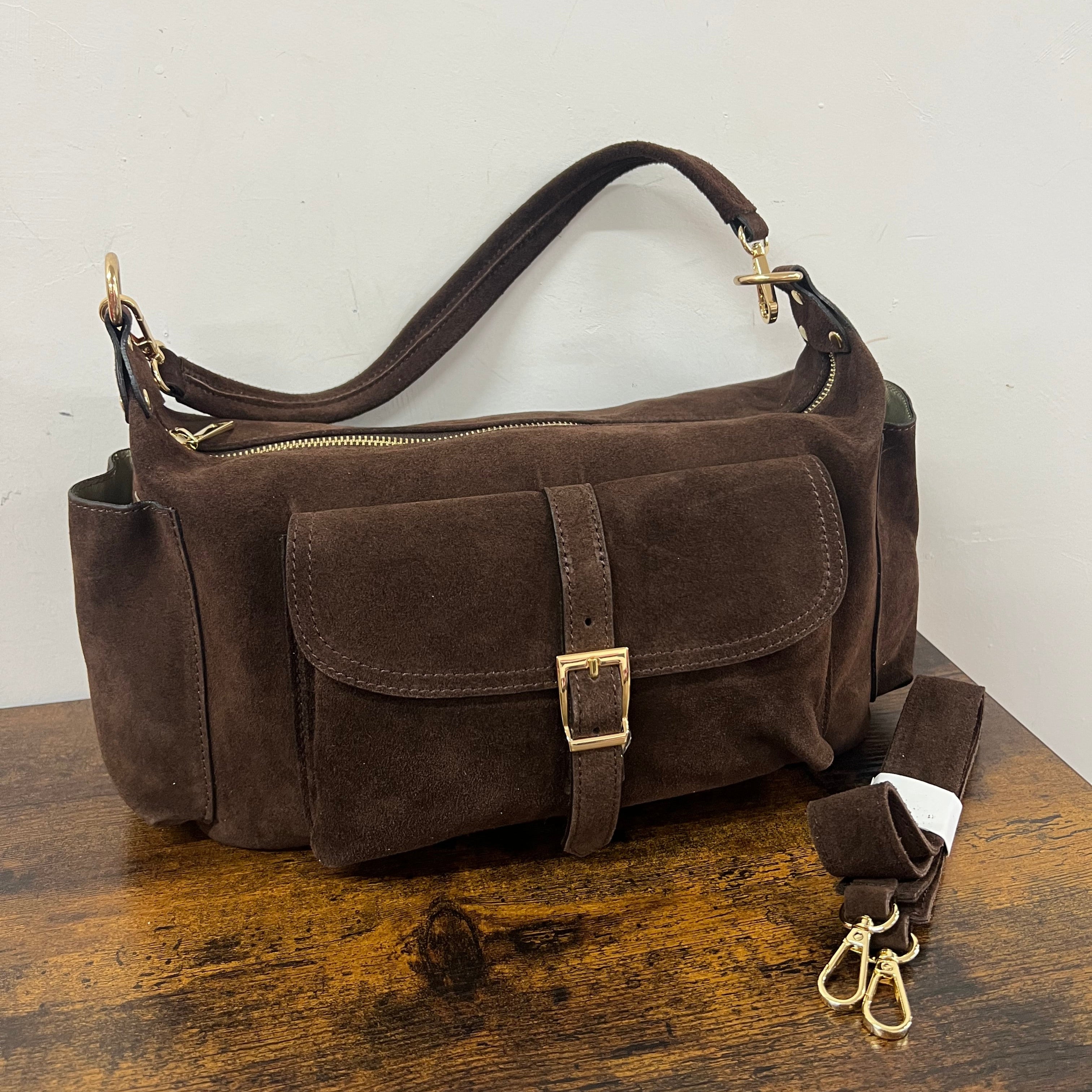 Mega baguette real leather dark brown suede