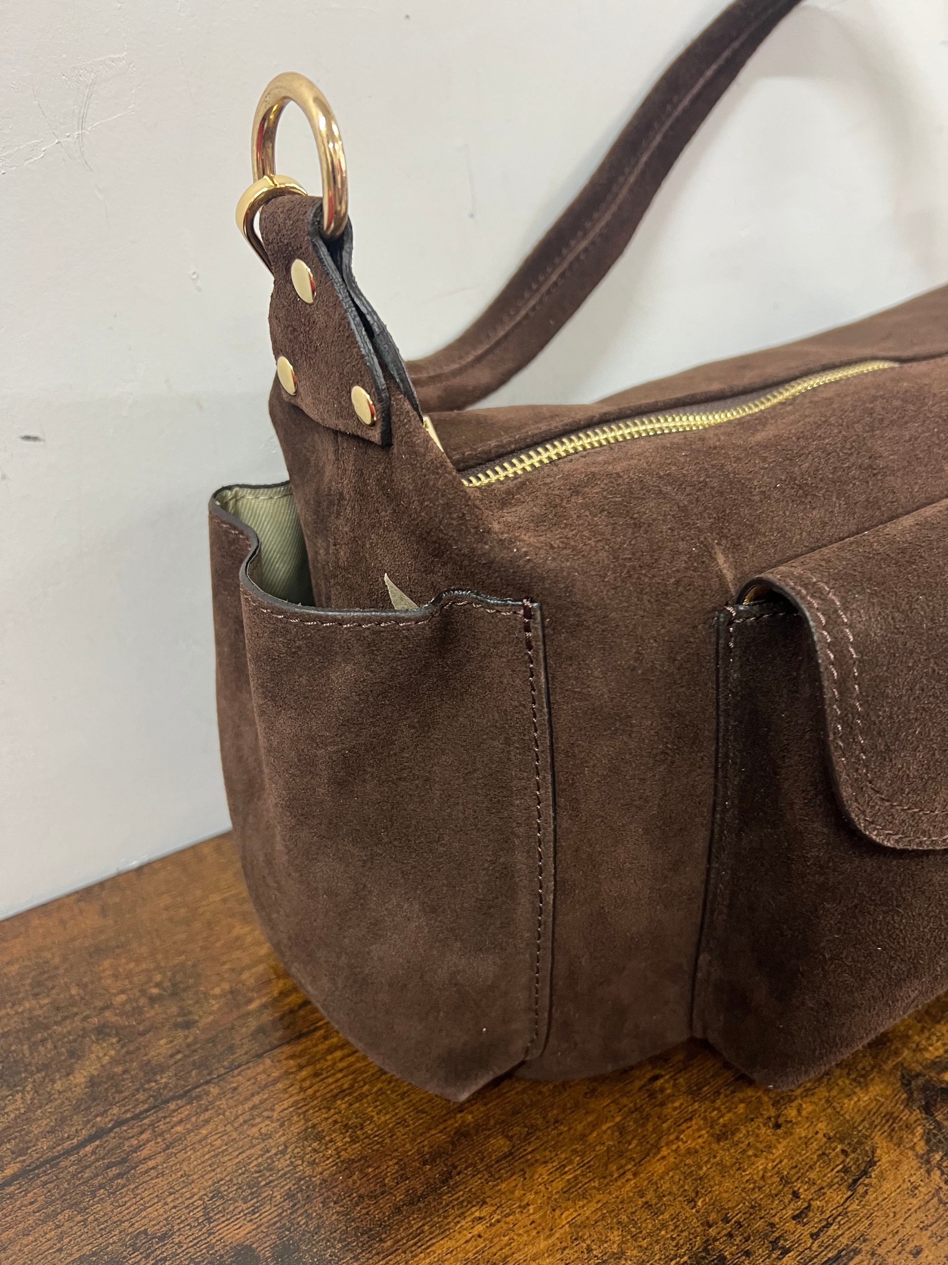 Mega baguette real leather dark brown suede