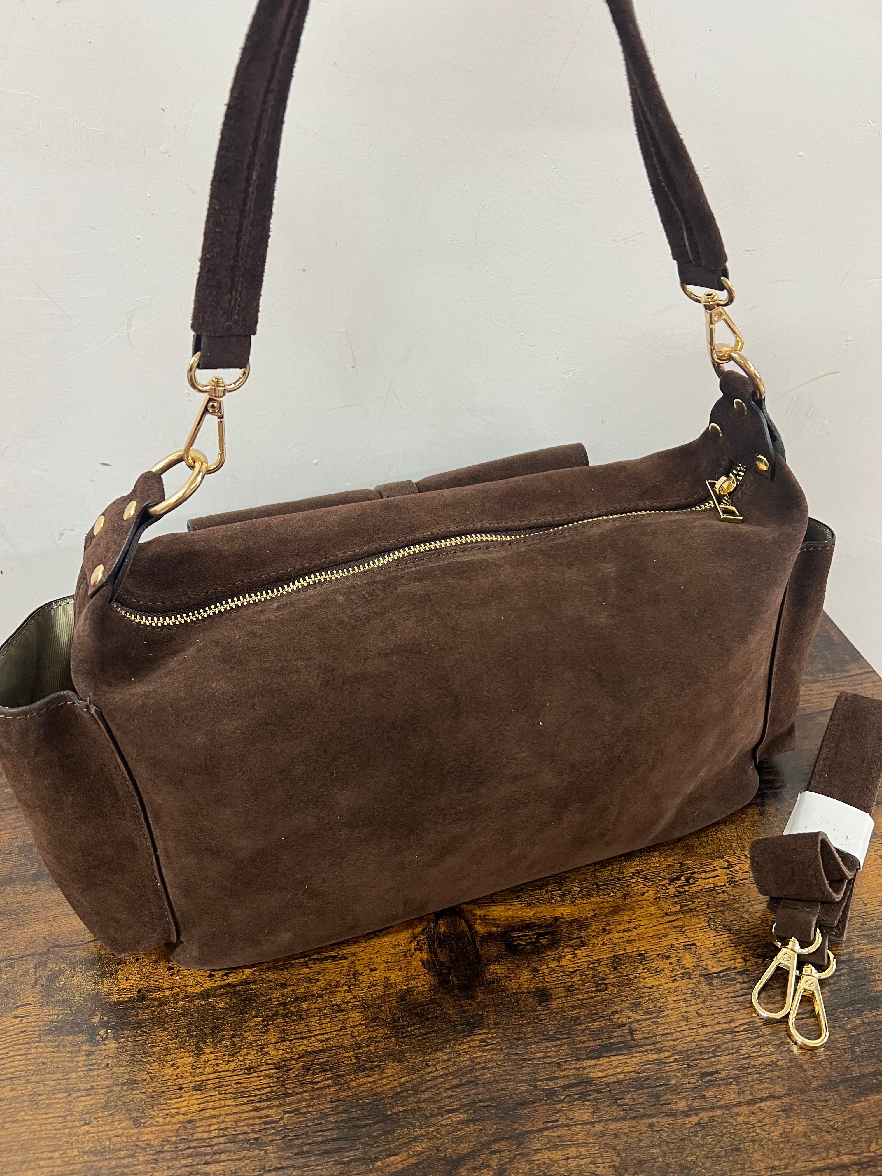 Mega baguette real leather dark brown suede