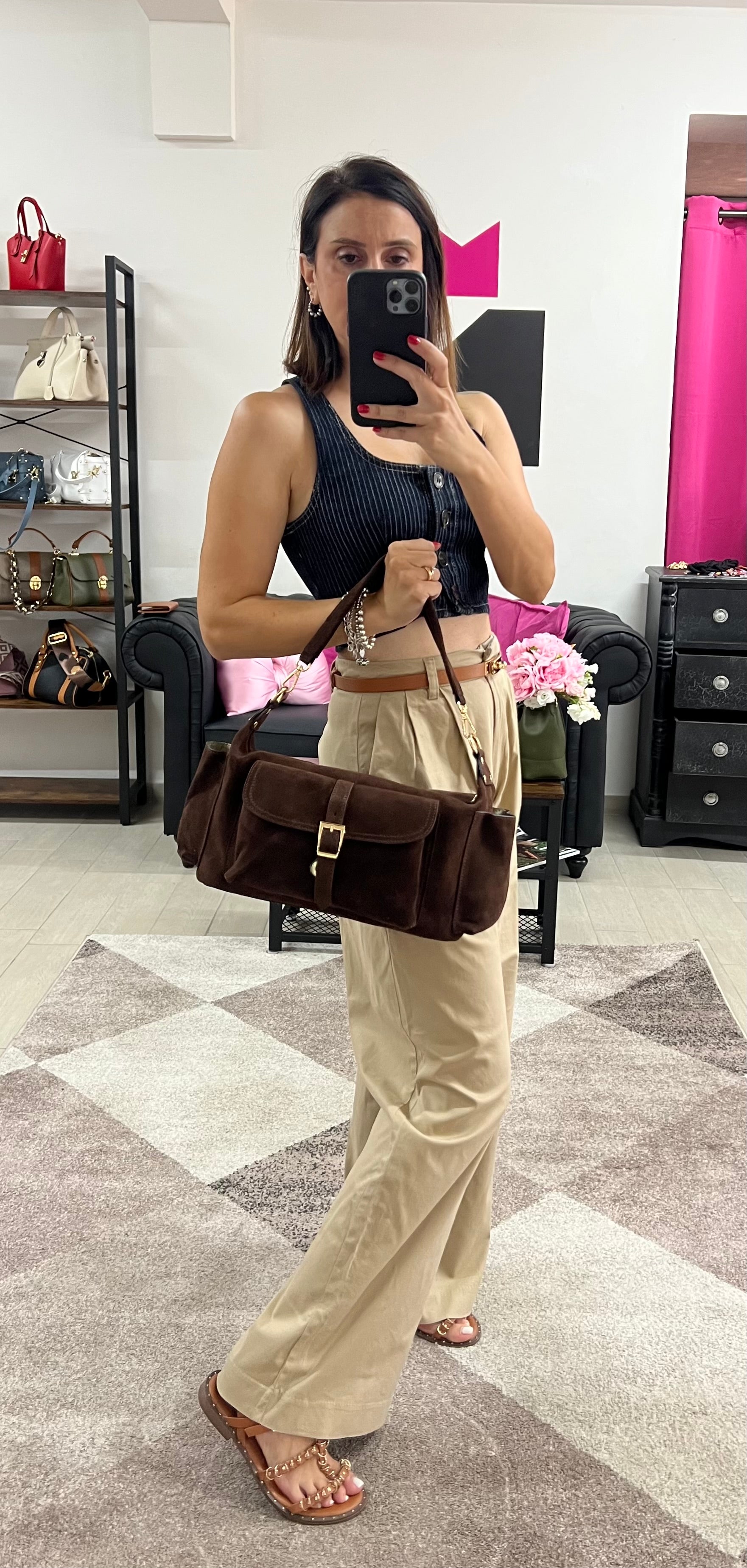 Mega baguette real leather dark brown suede