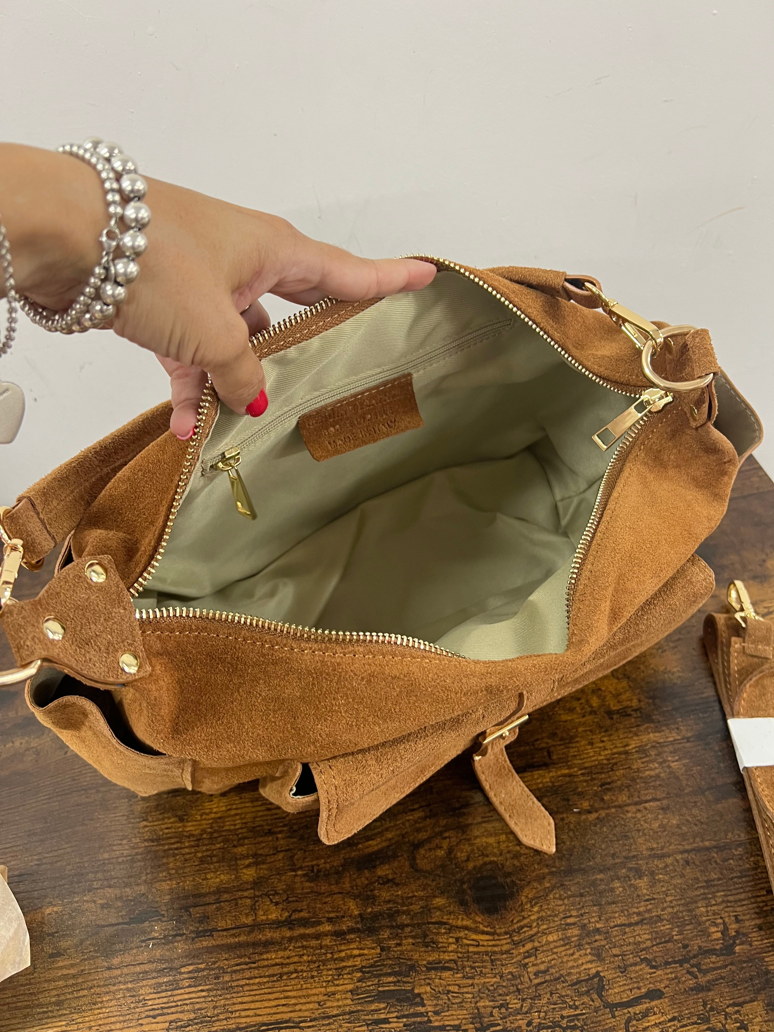 Mega baguette vera pelle suede cuoio chiaro