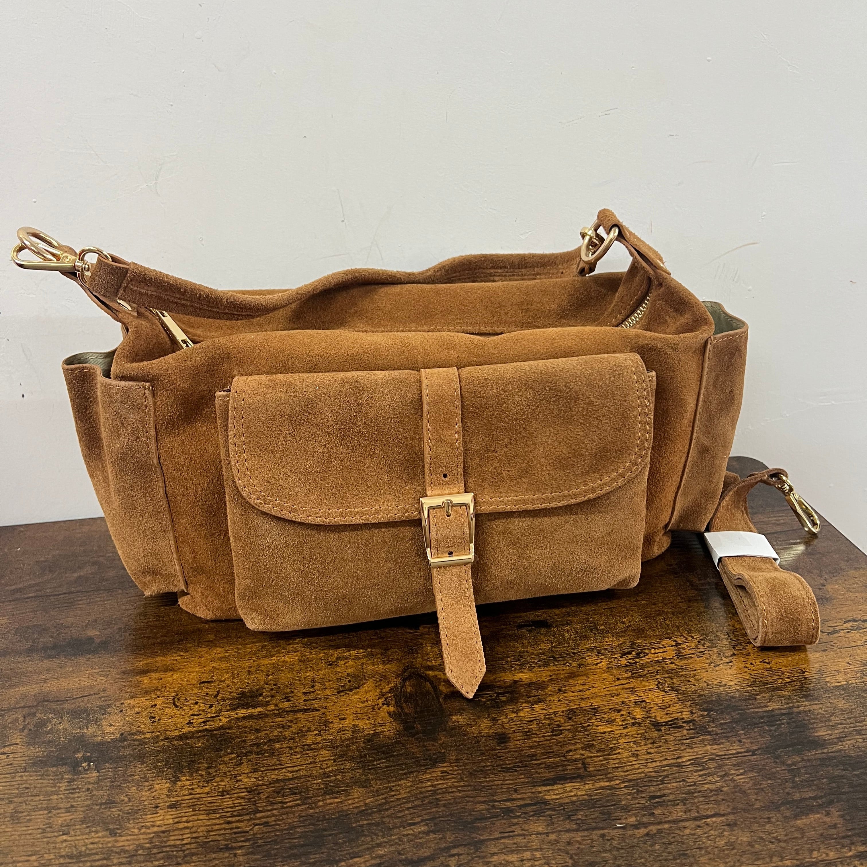 Mega baguette vera pelle suede cuoio chiaro