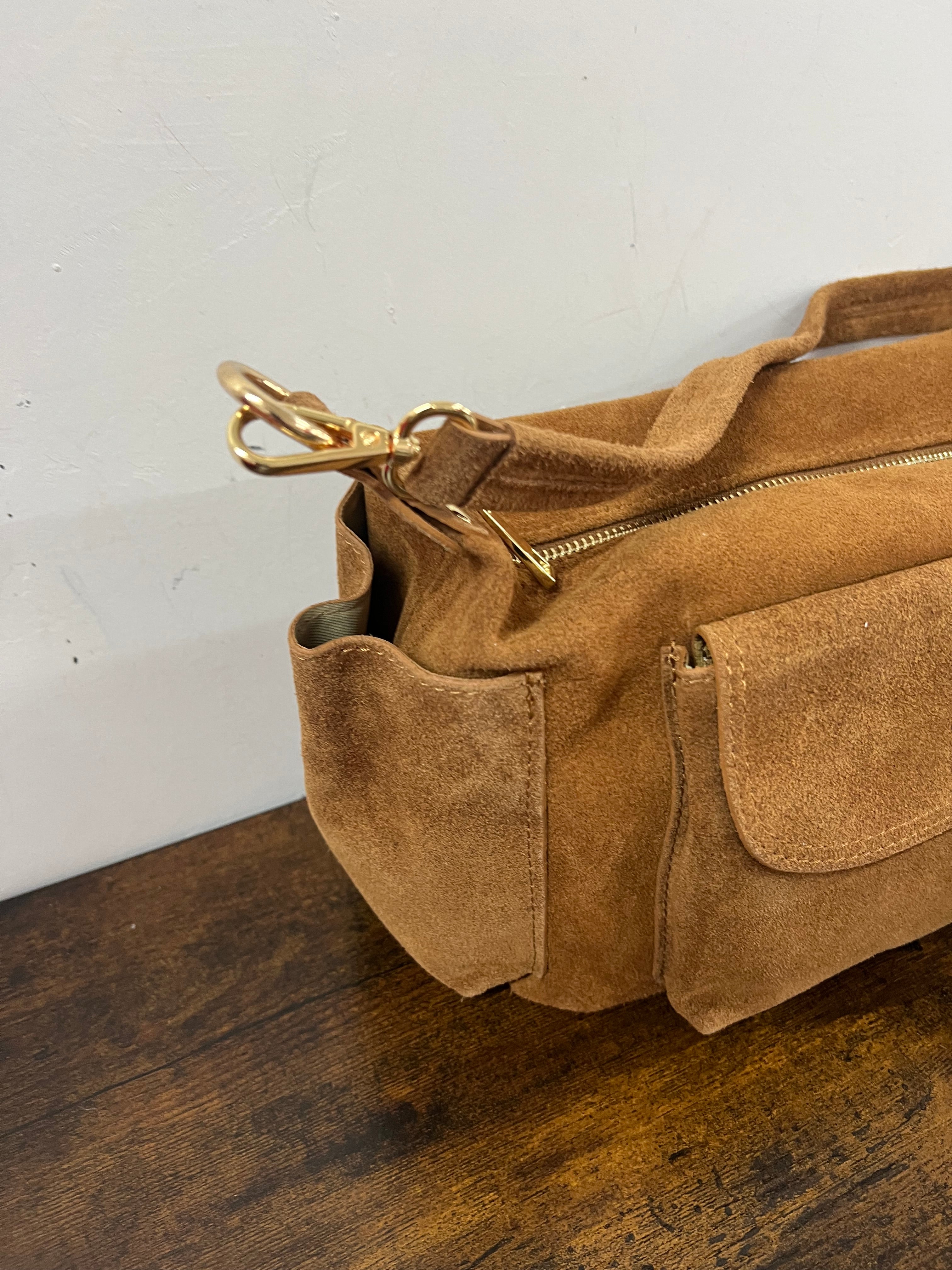 Mega baguette vera pelle suede cuoio chiaro