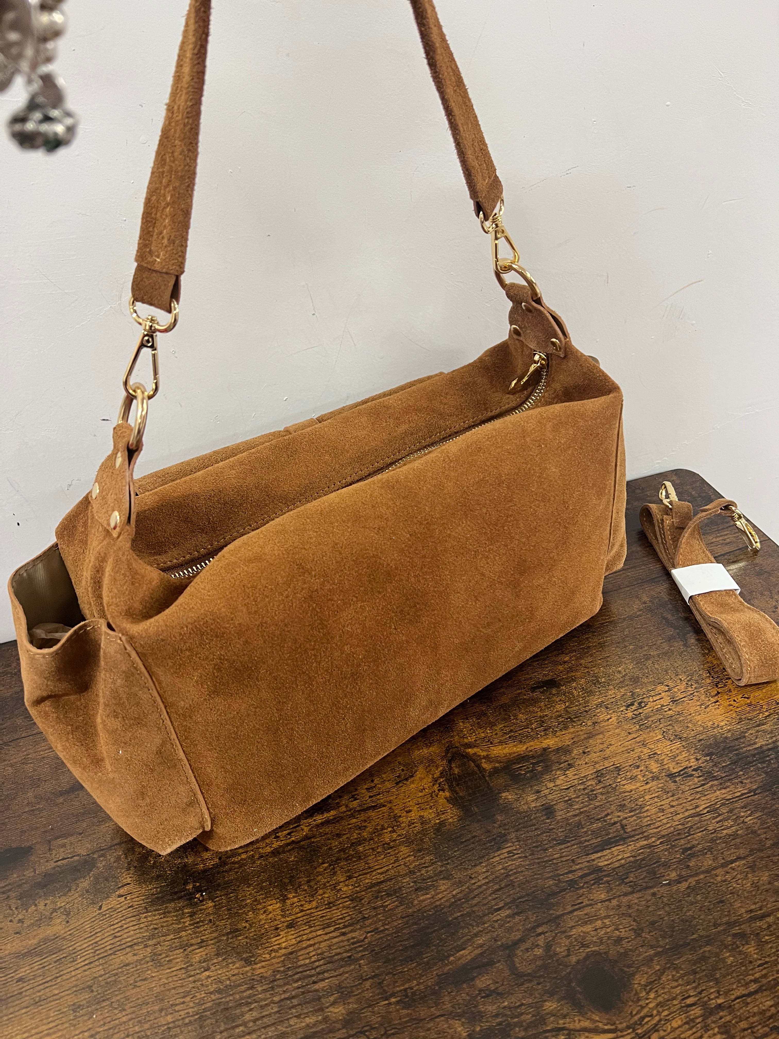 Mega baguette vera pelle suede cuoio chiaro