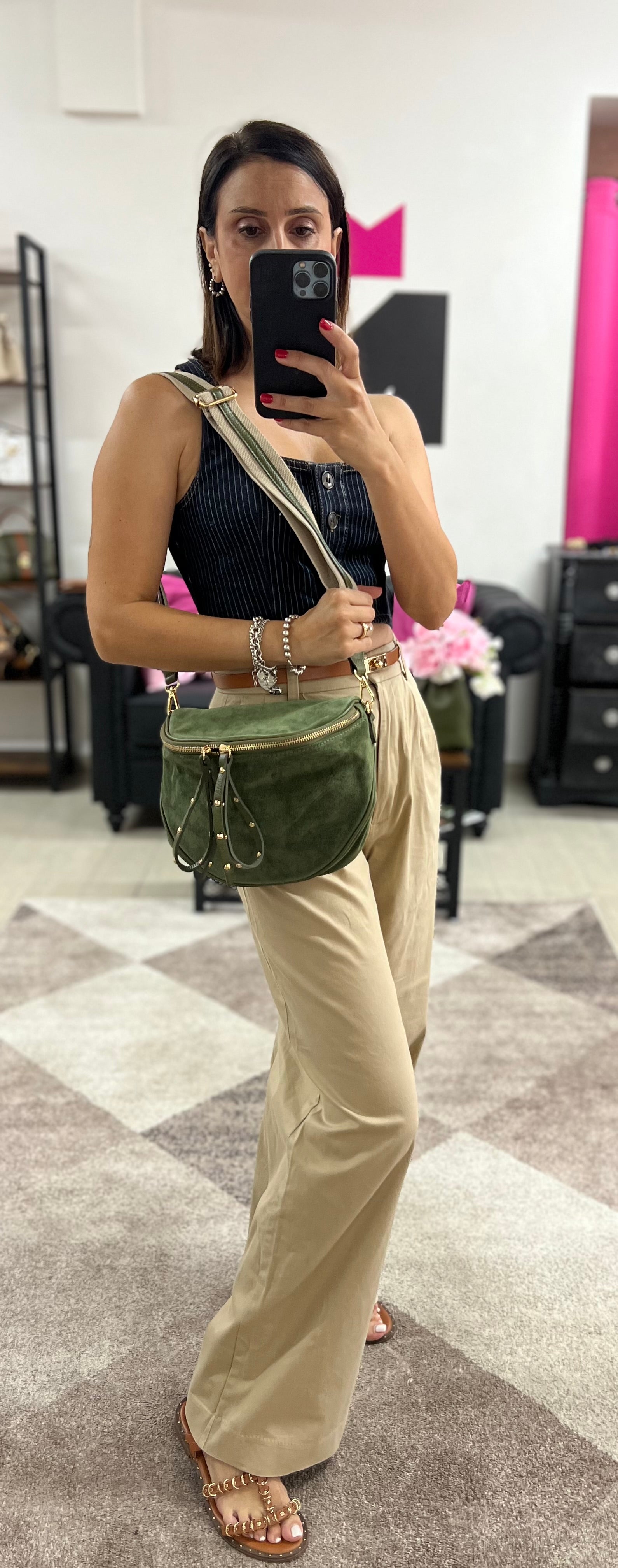 Marsupione z suede verde militare