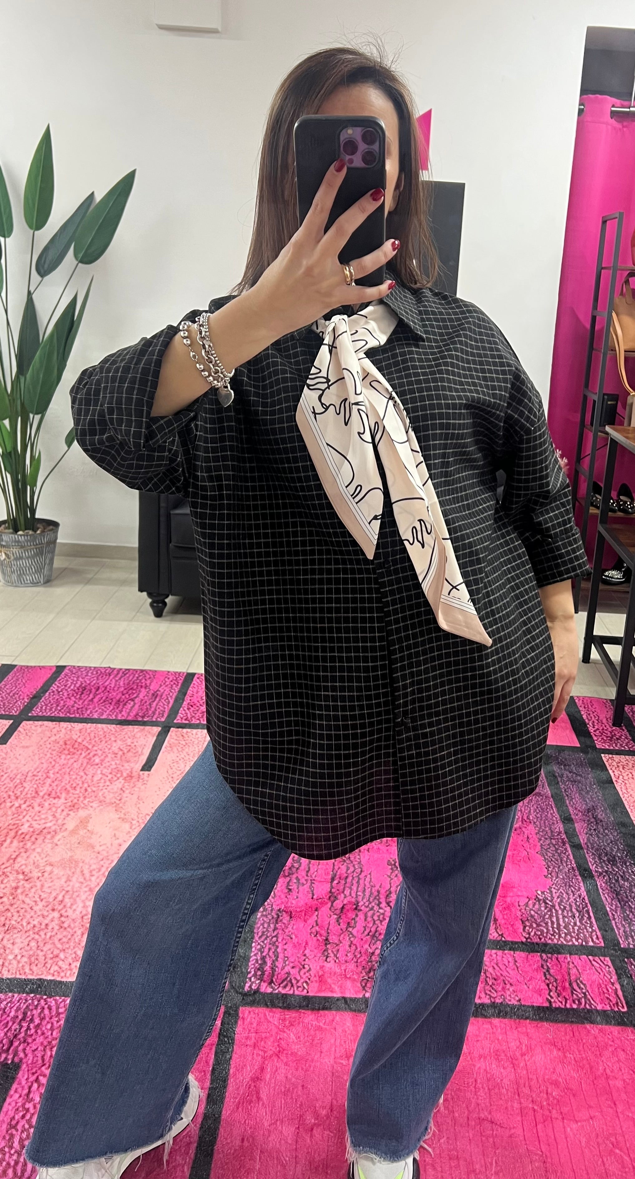 Oversized black and cream plaid scarf shirt