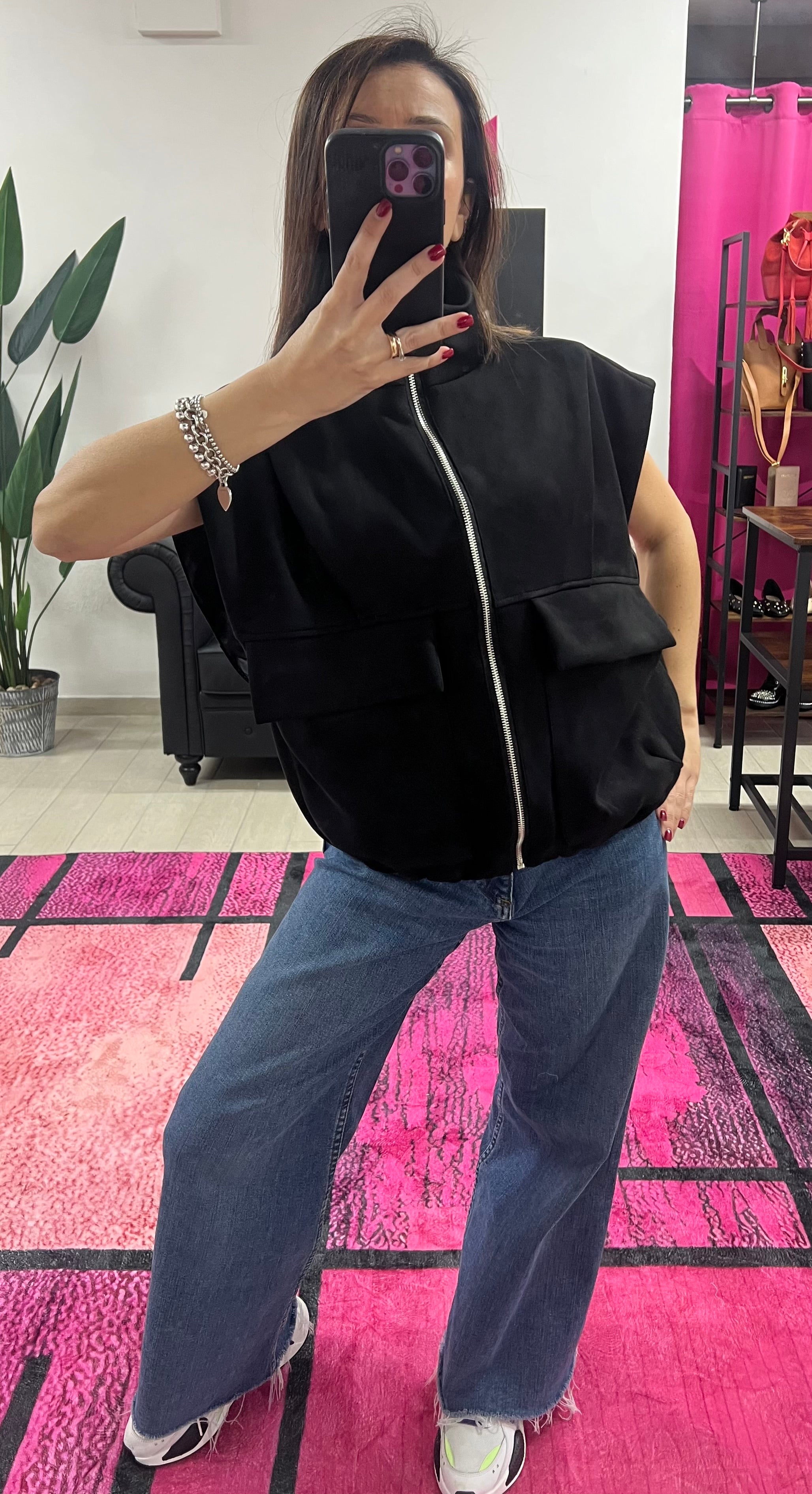 Black suede-look wide-shoulder vest