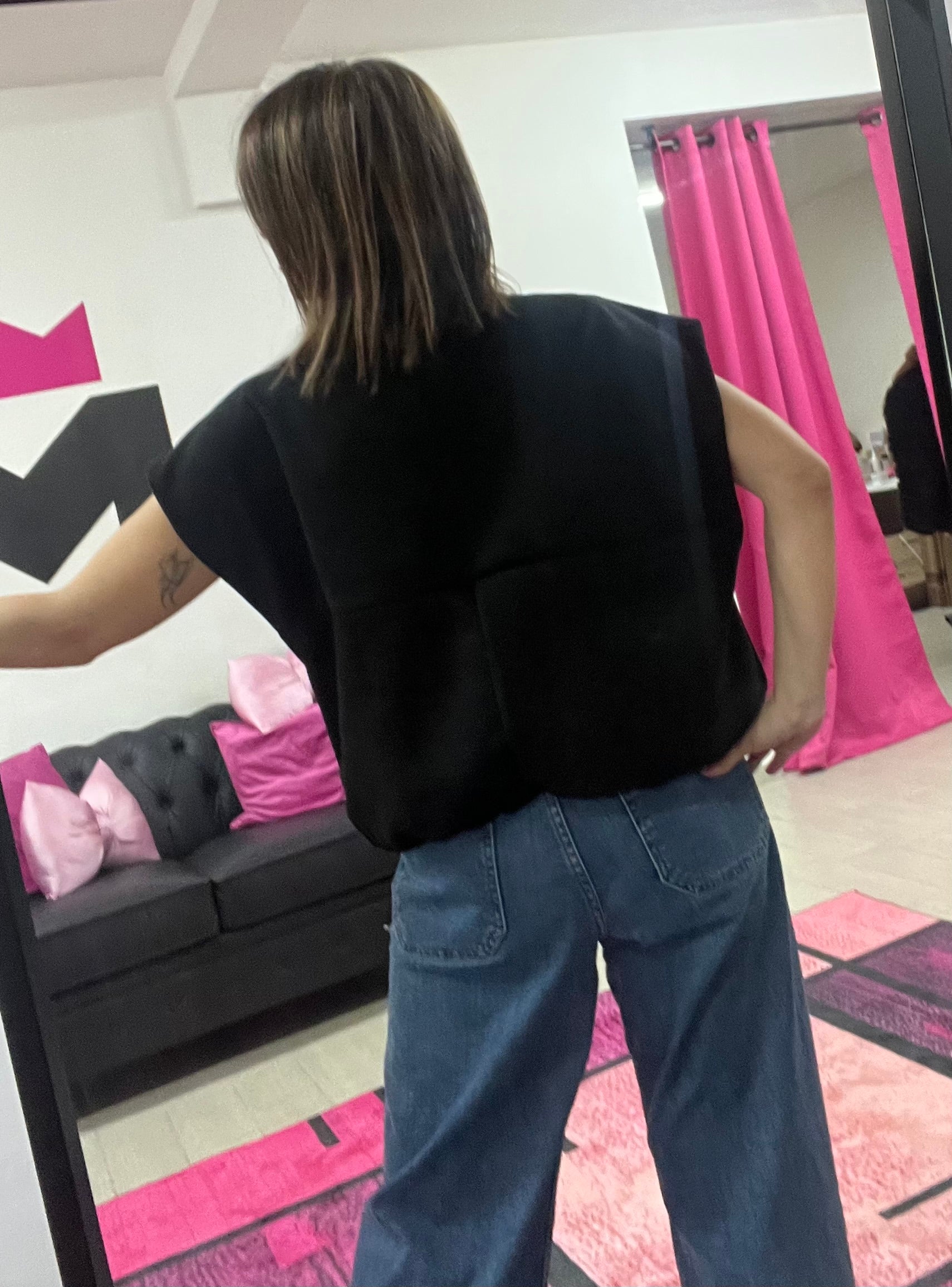 Black suede-look wide-shoulder vest