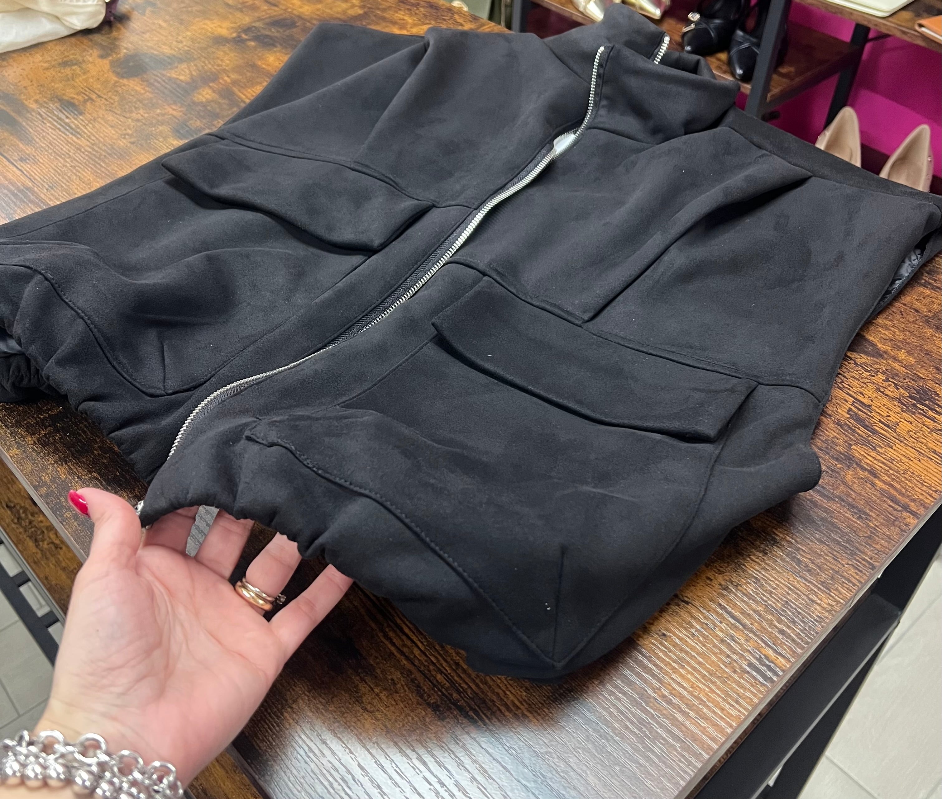 Black suede-look wide-shoulder vest