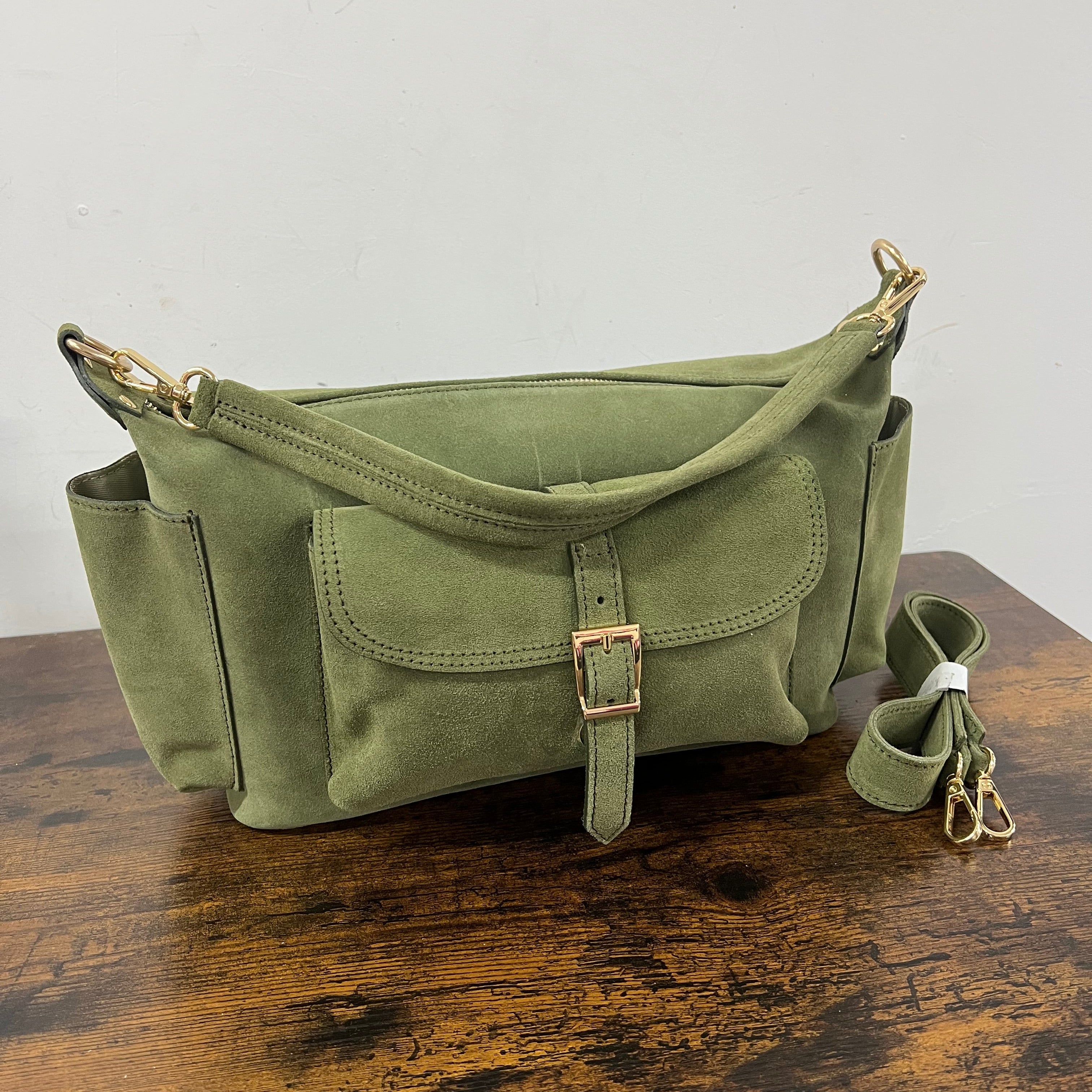 Mega baguette real leather military green suede