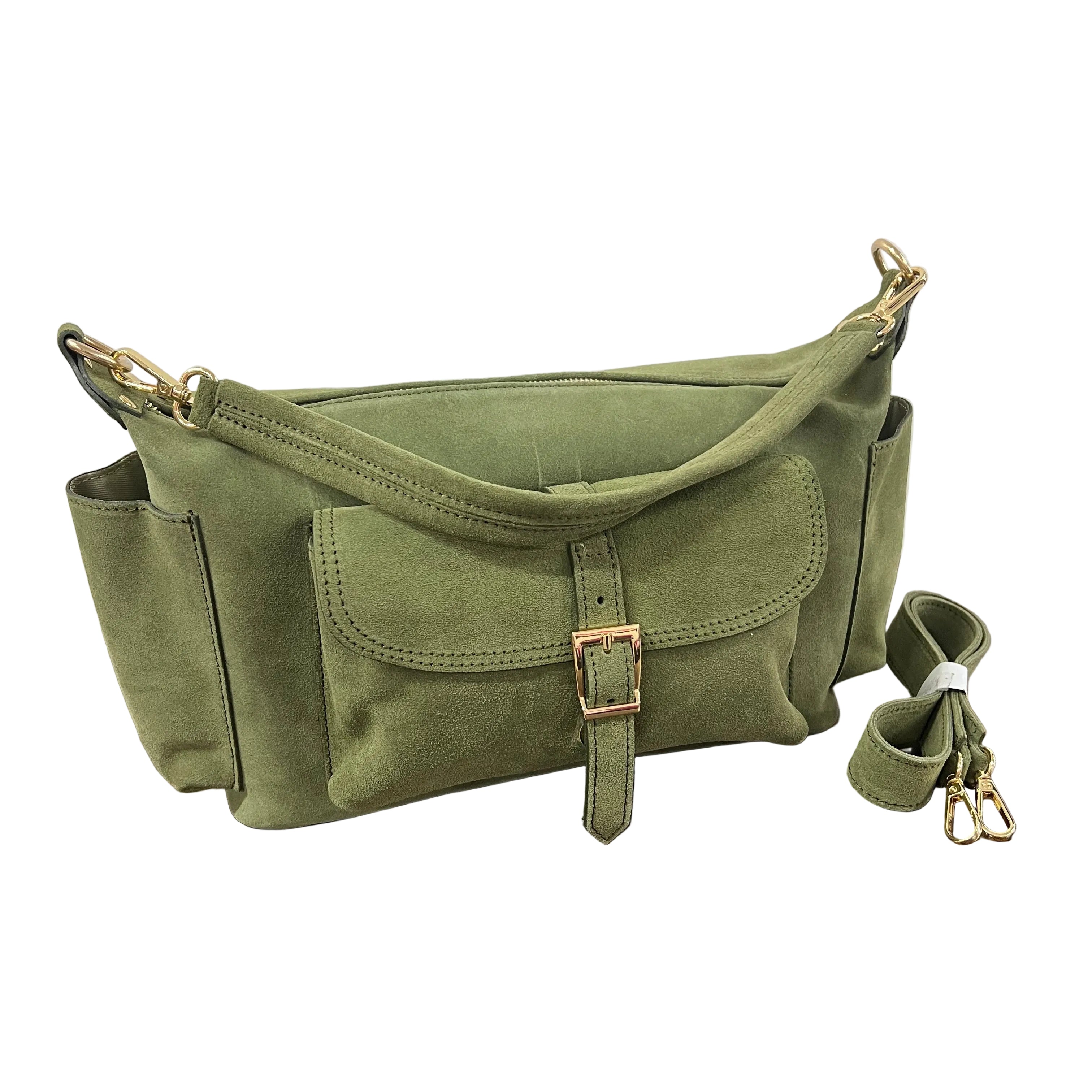 Mega baguette vera pelle suede verde militare