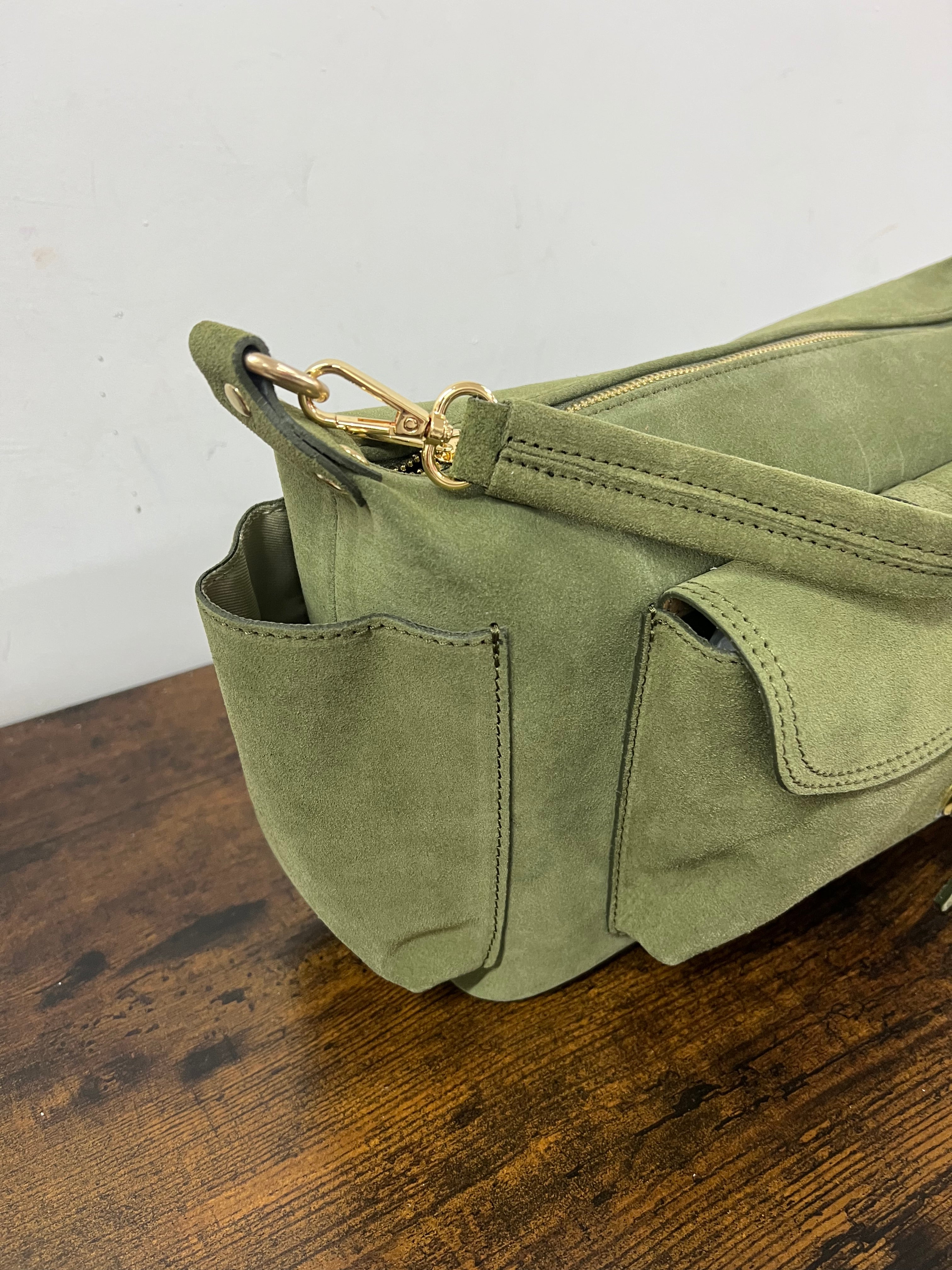 Mega baguette real leather military green suede