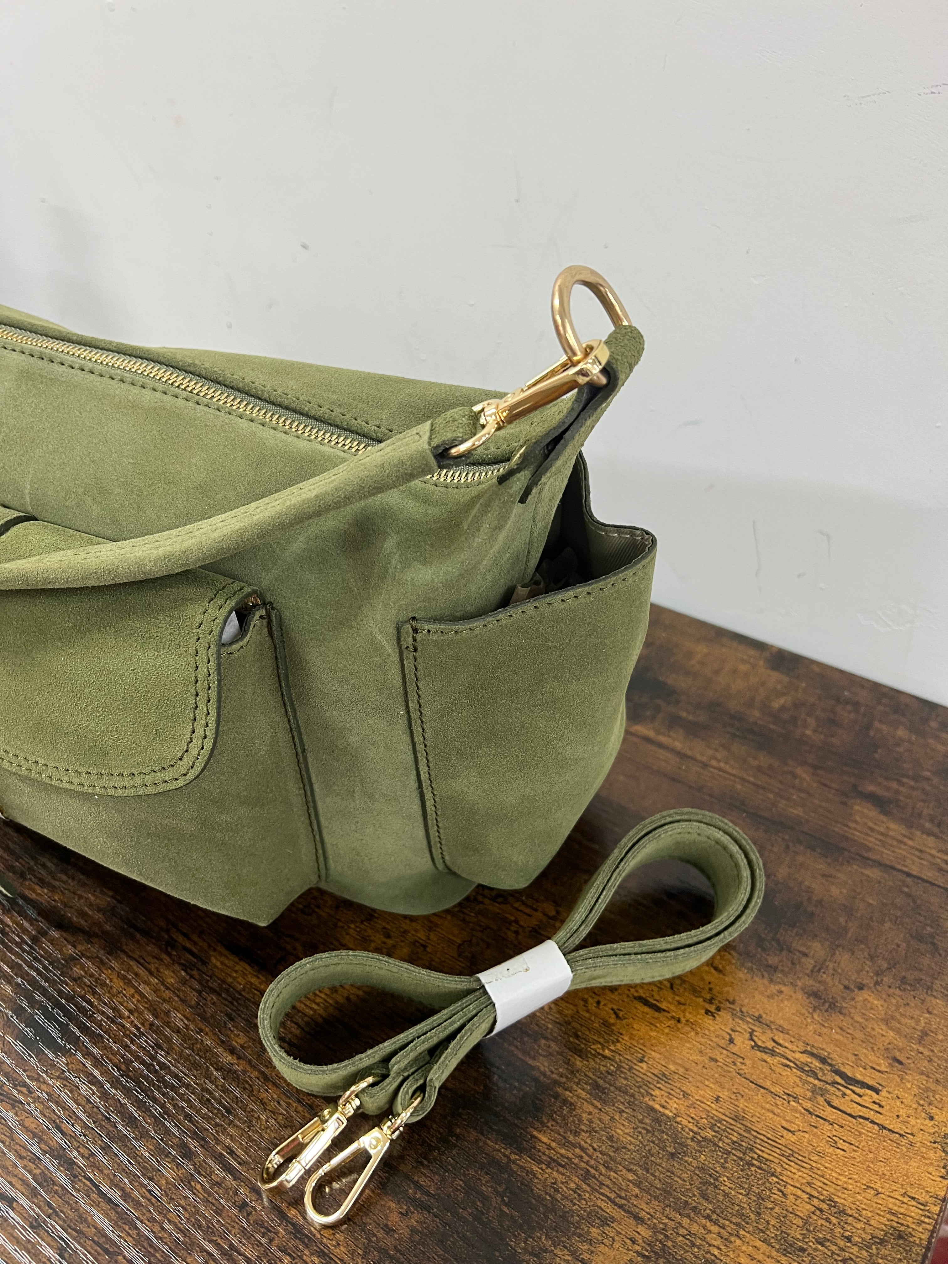 Mega baguette real leather military green suede