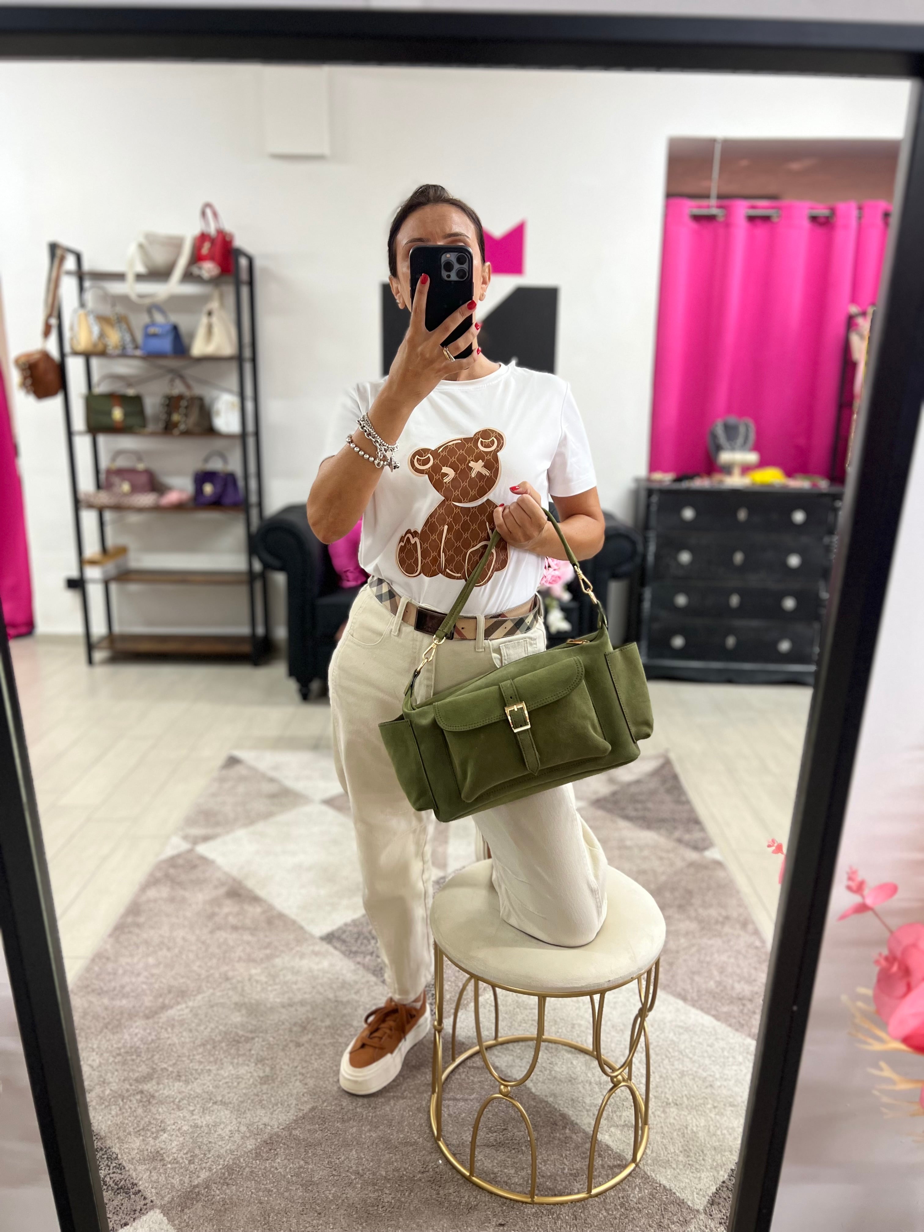 Mega baguette vera pelle suede verde militare