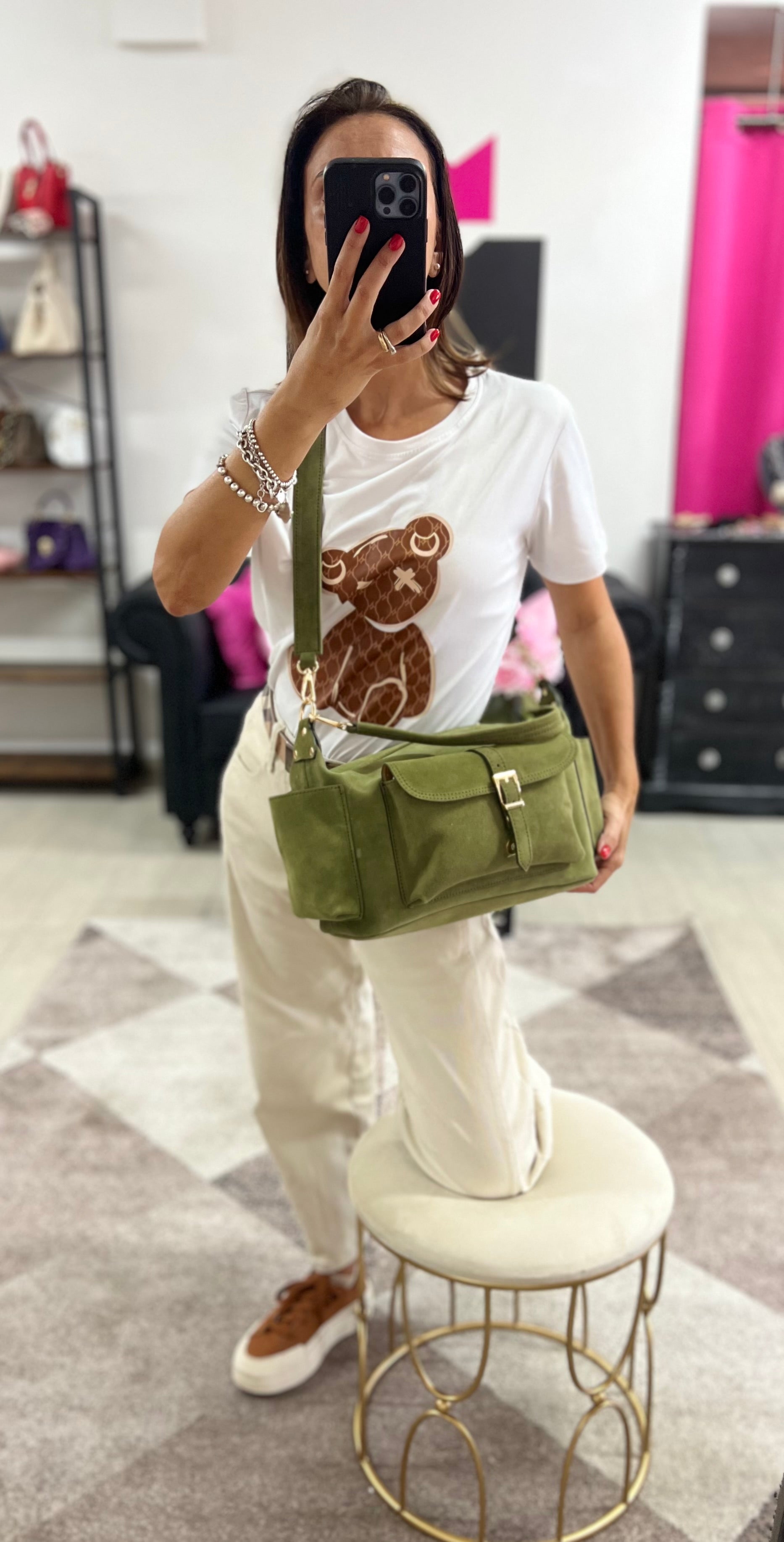 Mega baguette real leather military green suede