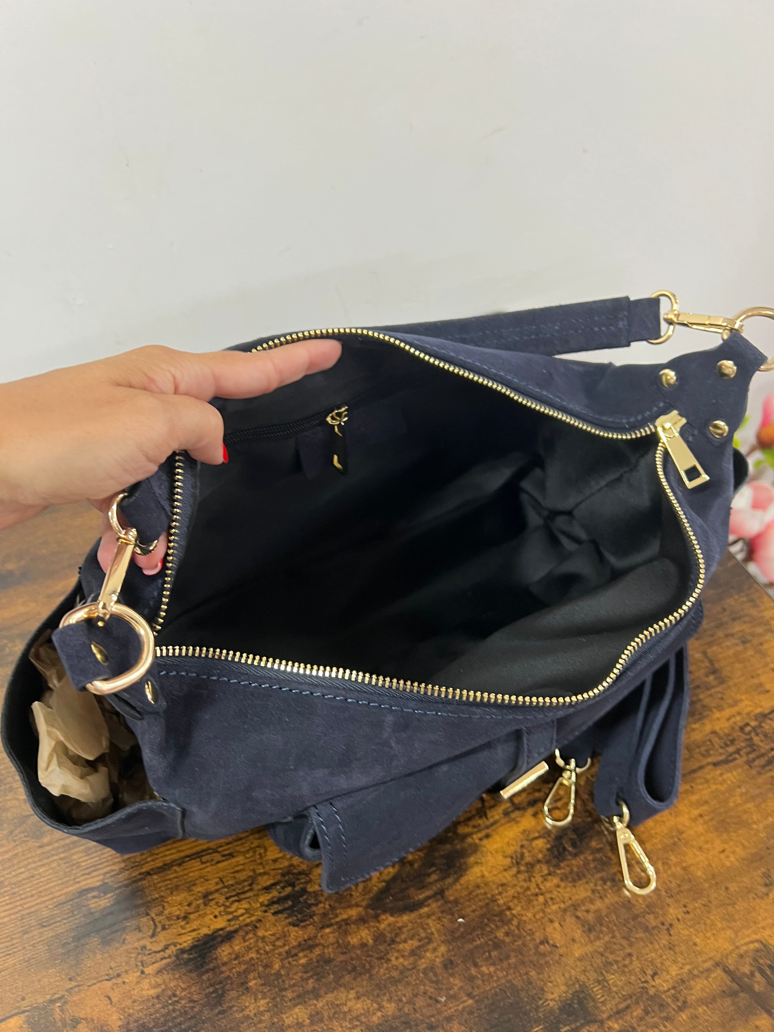 Mega baguette vera pelle suede blu navy