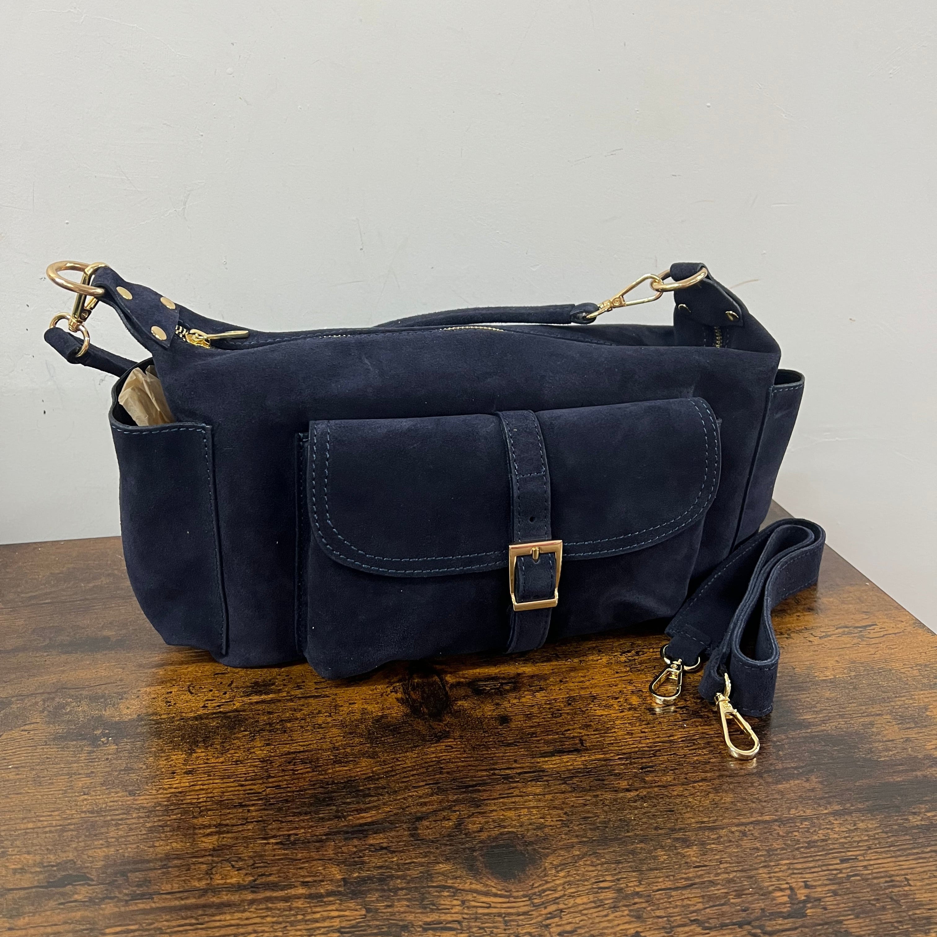 Mega baguette vera pelle suede blu navy