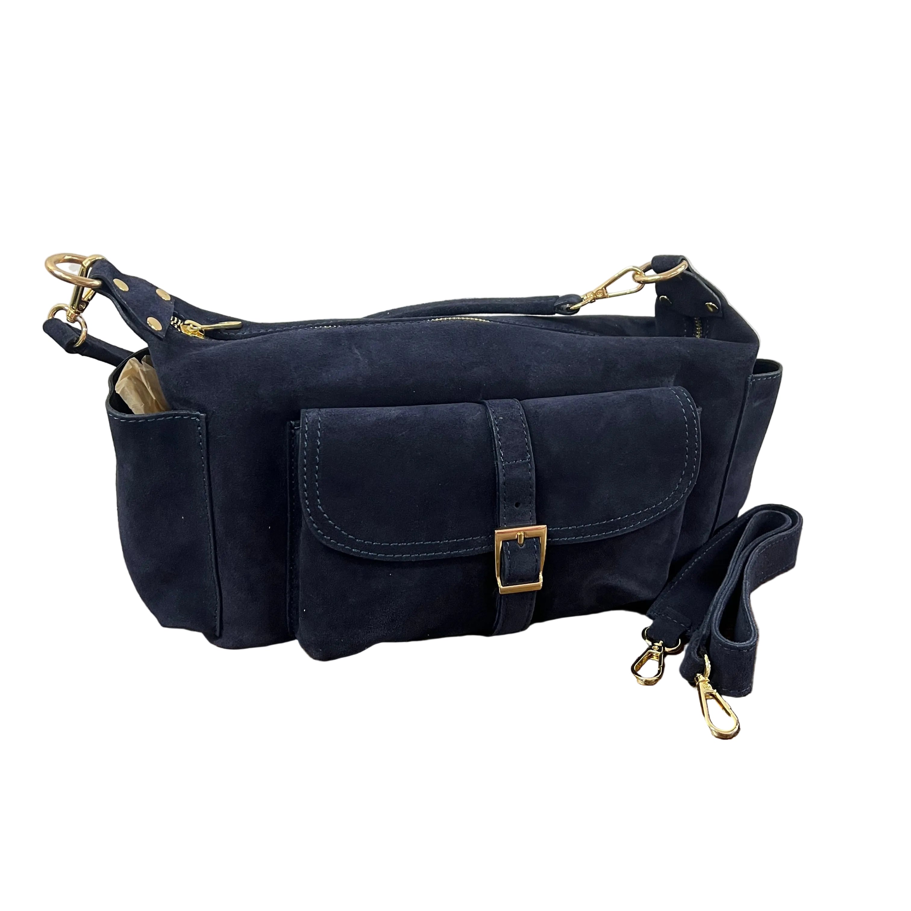 Mega baguette vera pelle suede blu navy