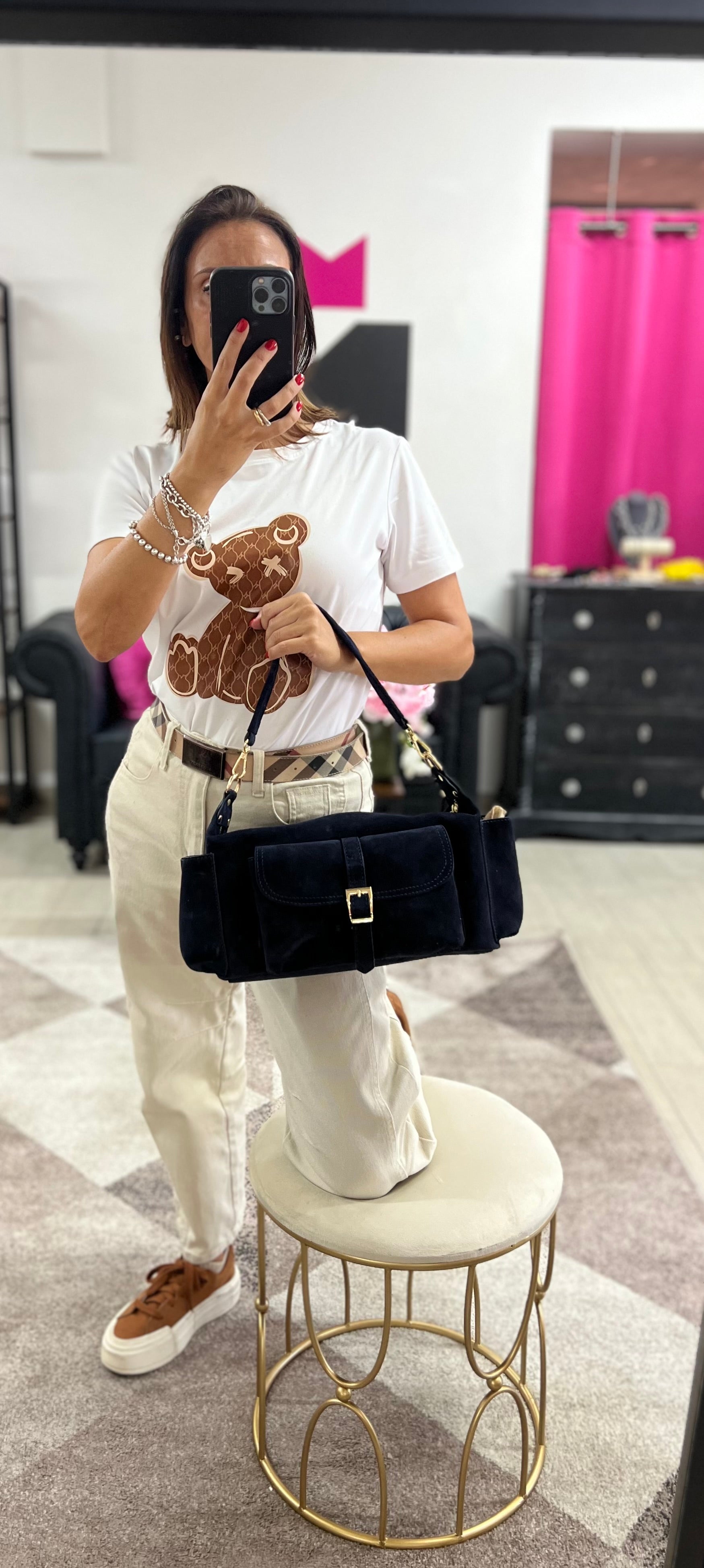 Mega baguette vera pelle suede blu navy