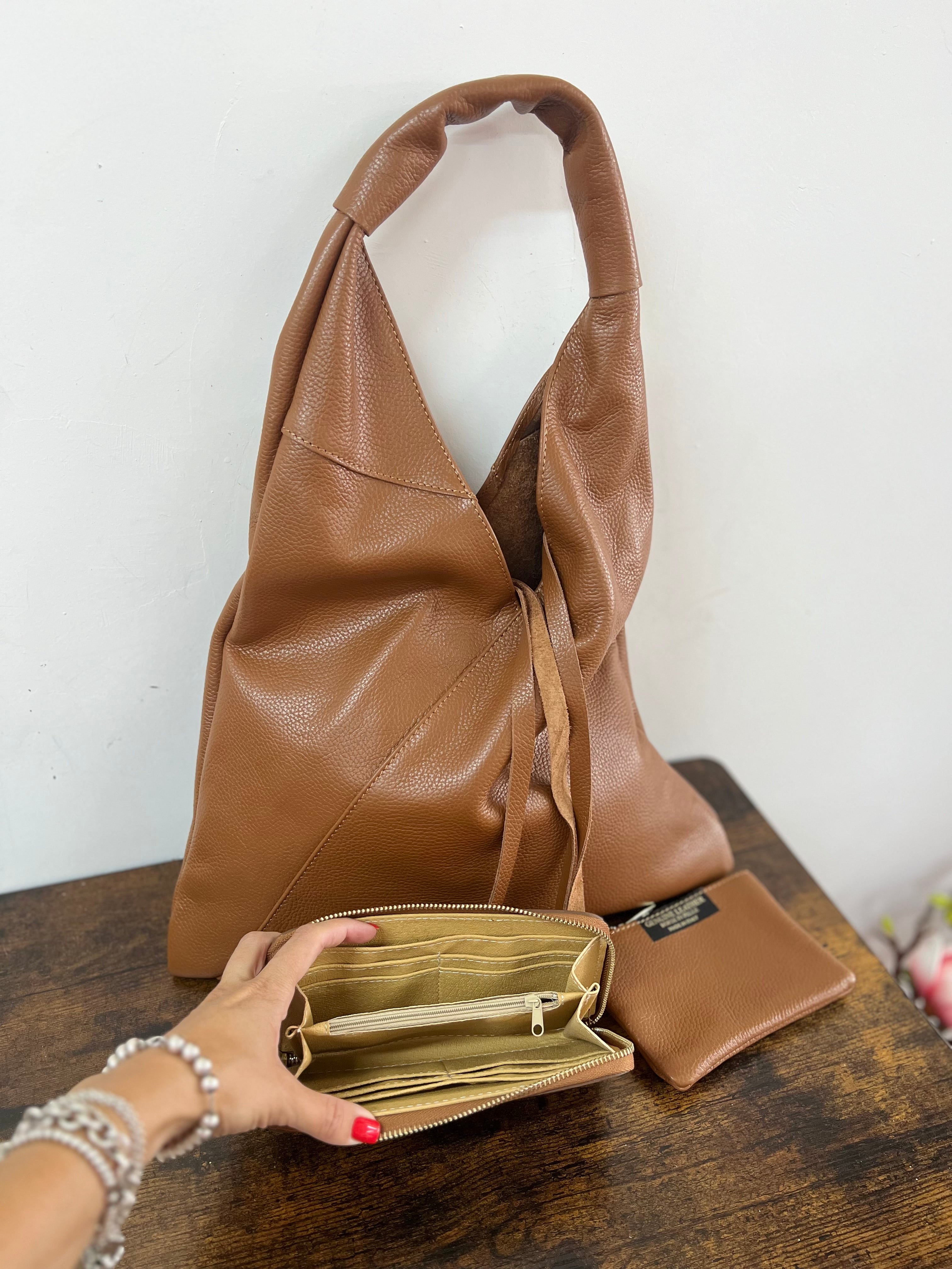 Shopper Michela cuoio scuro e portafogli zip big