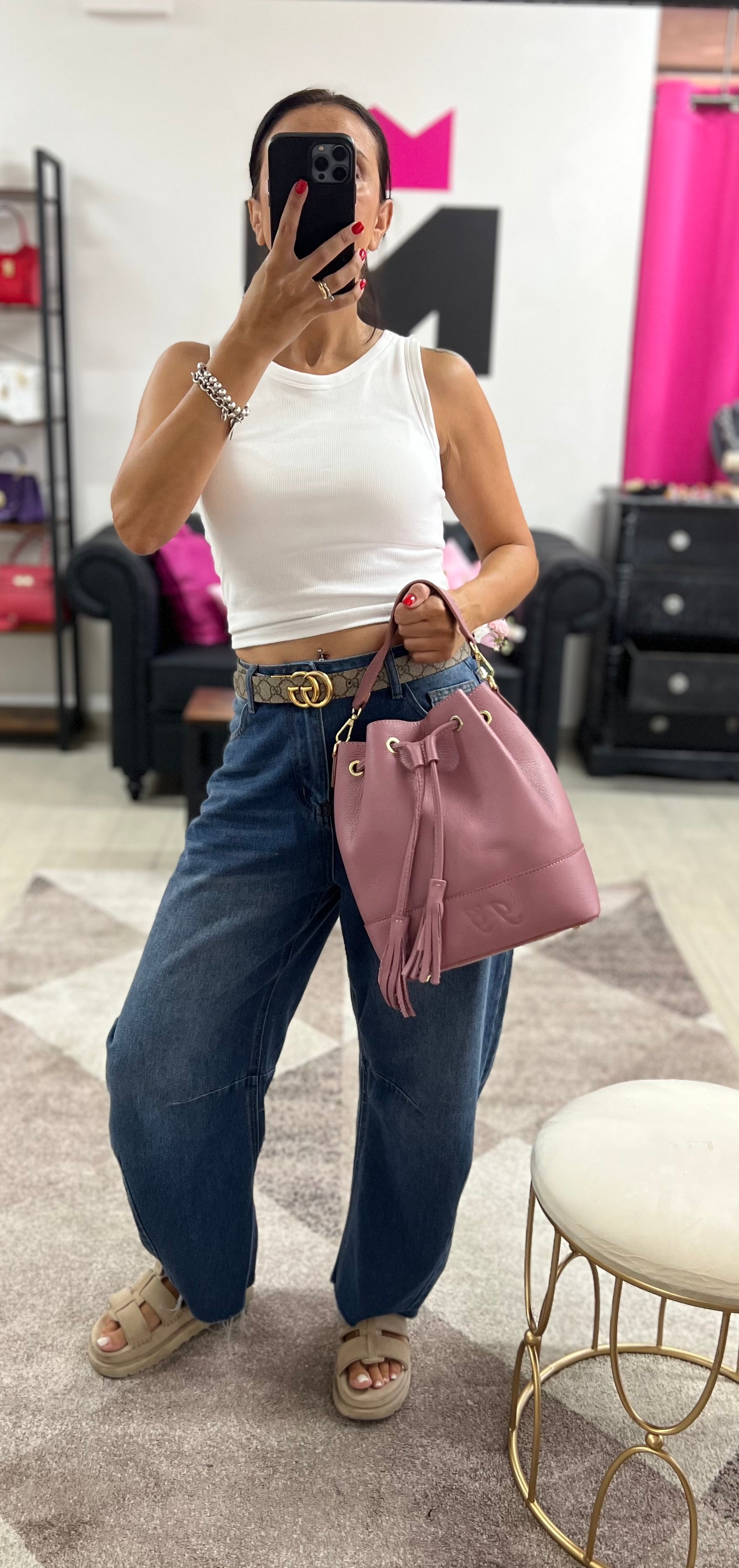 Sacchetto frange maxi rosa antico