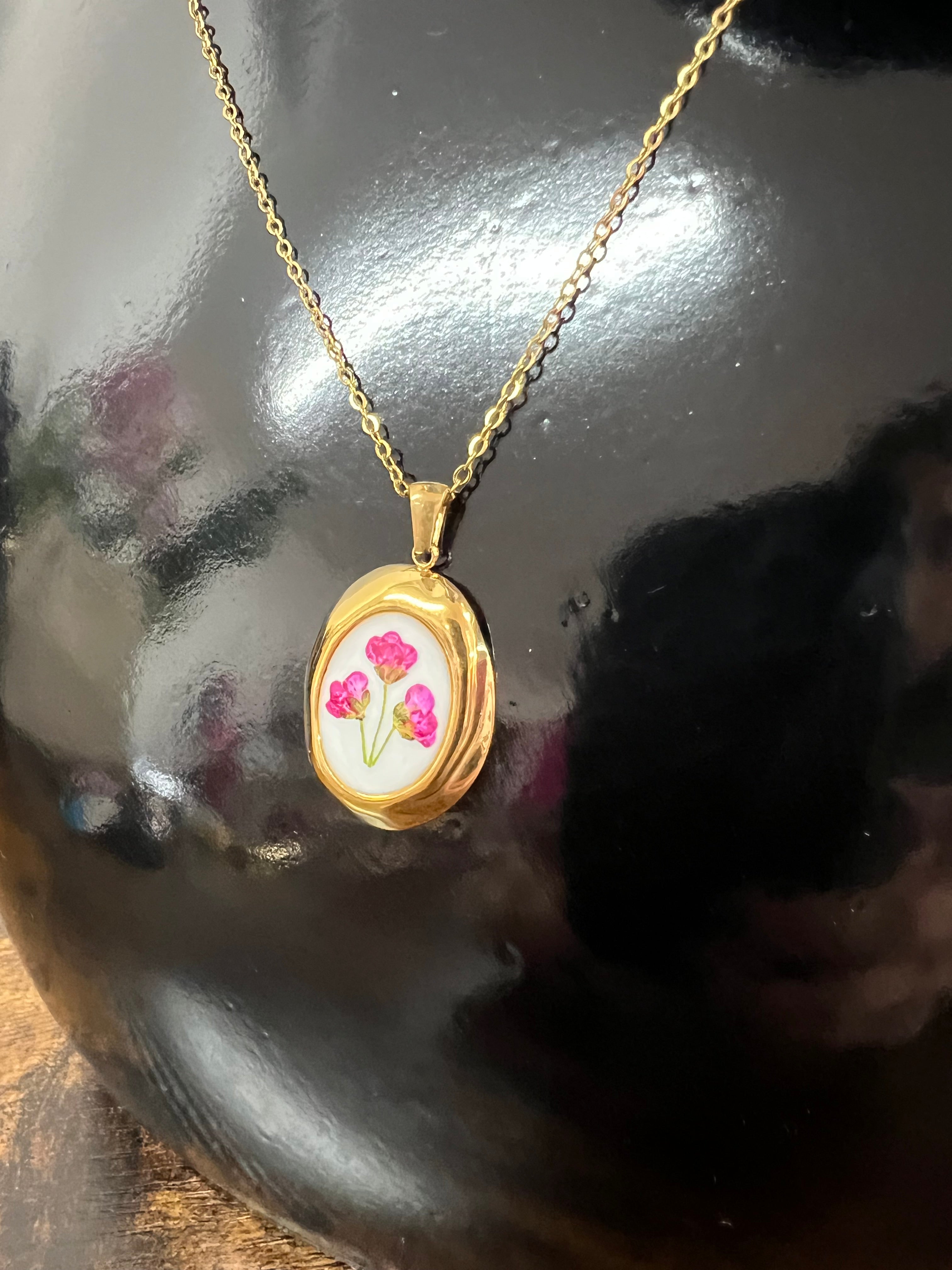 Necklace, enamel fuchsia flowers medal