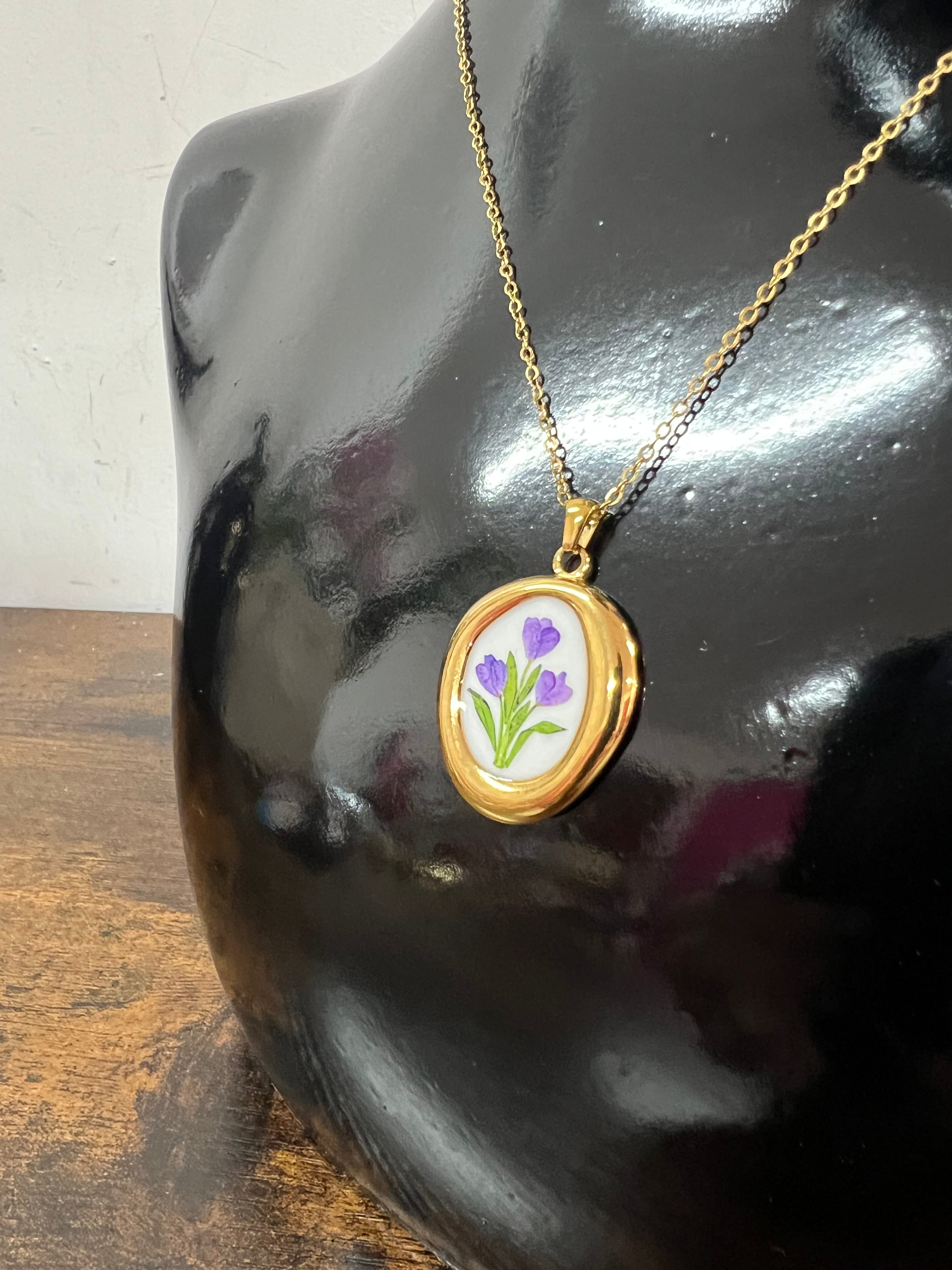 Lilac enamel flower medallion necklace