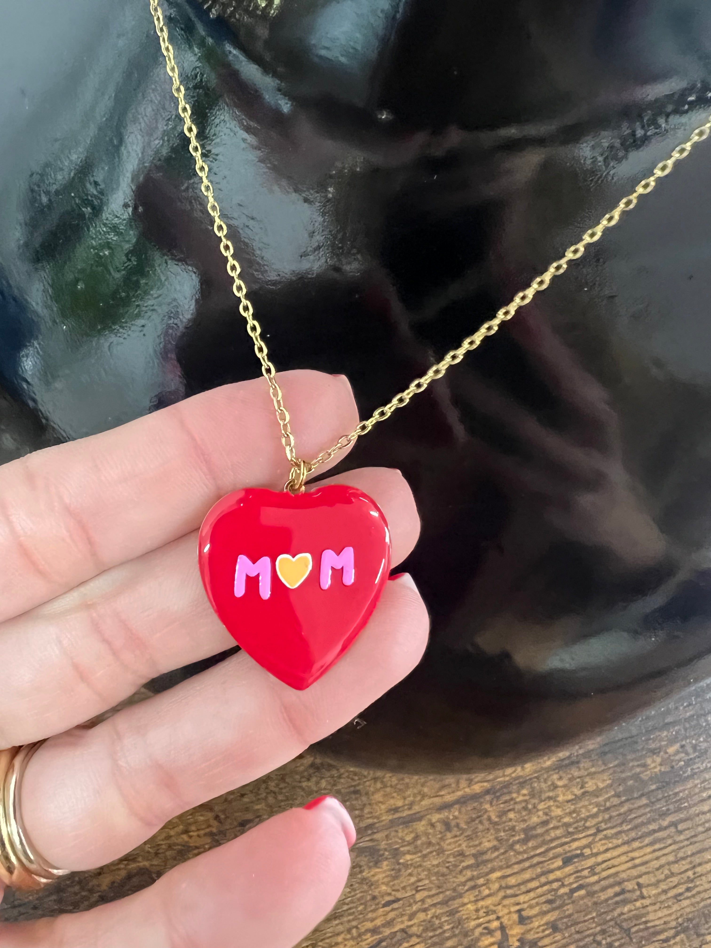 Necklace with red heart mom charm