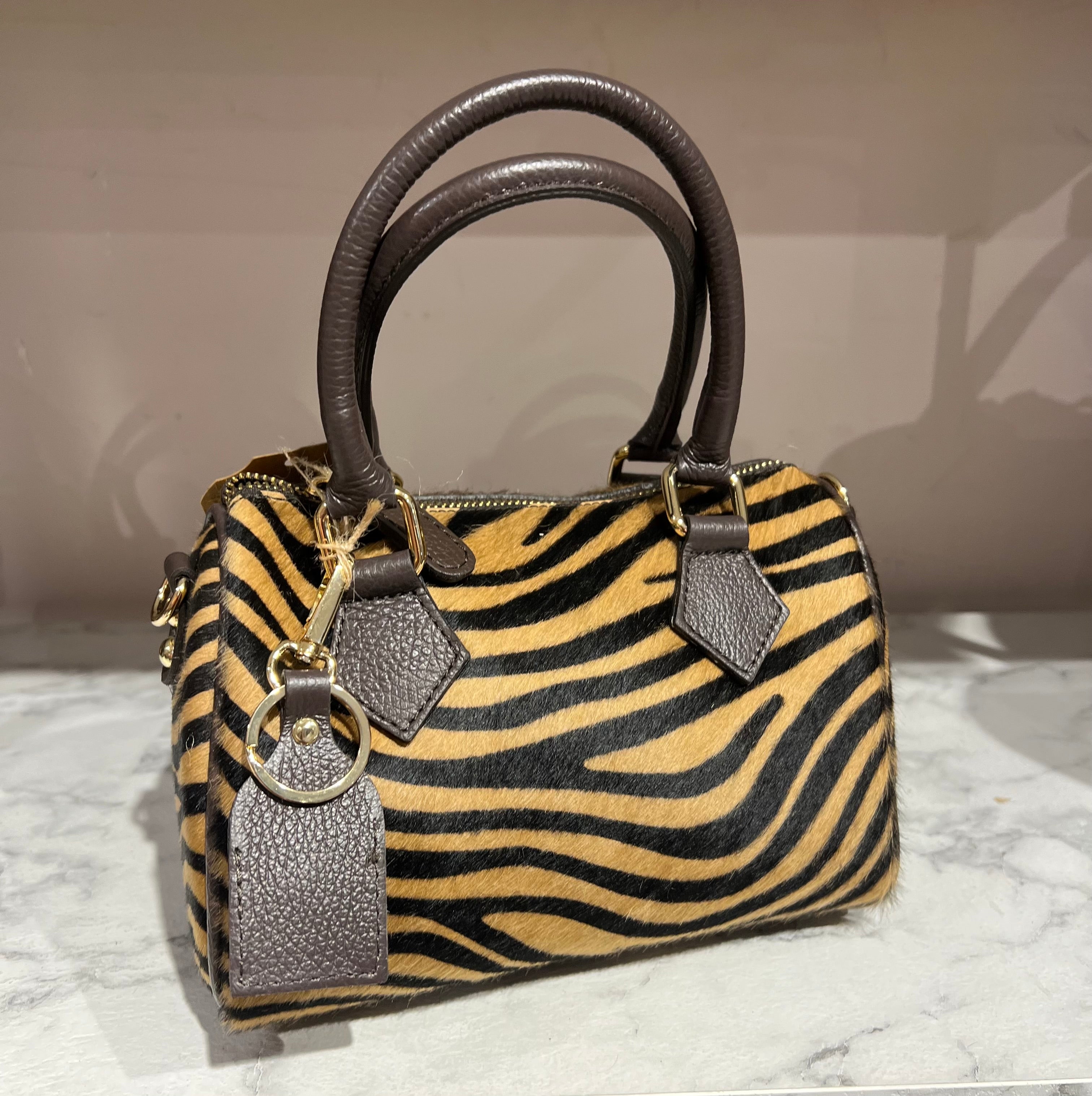 Brown zebra pony hair mini trunk bag