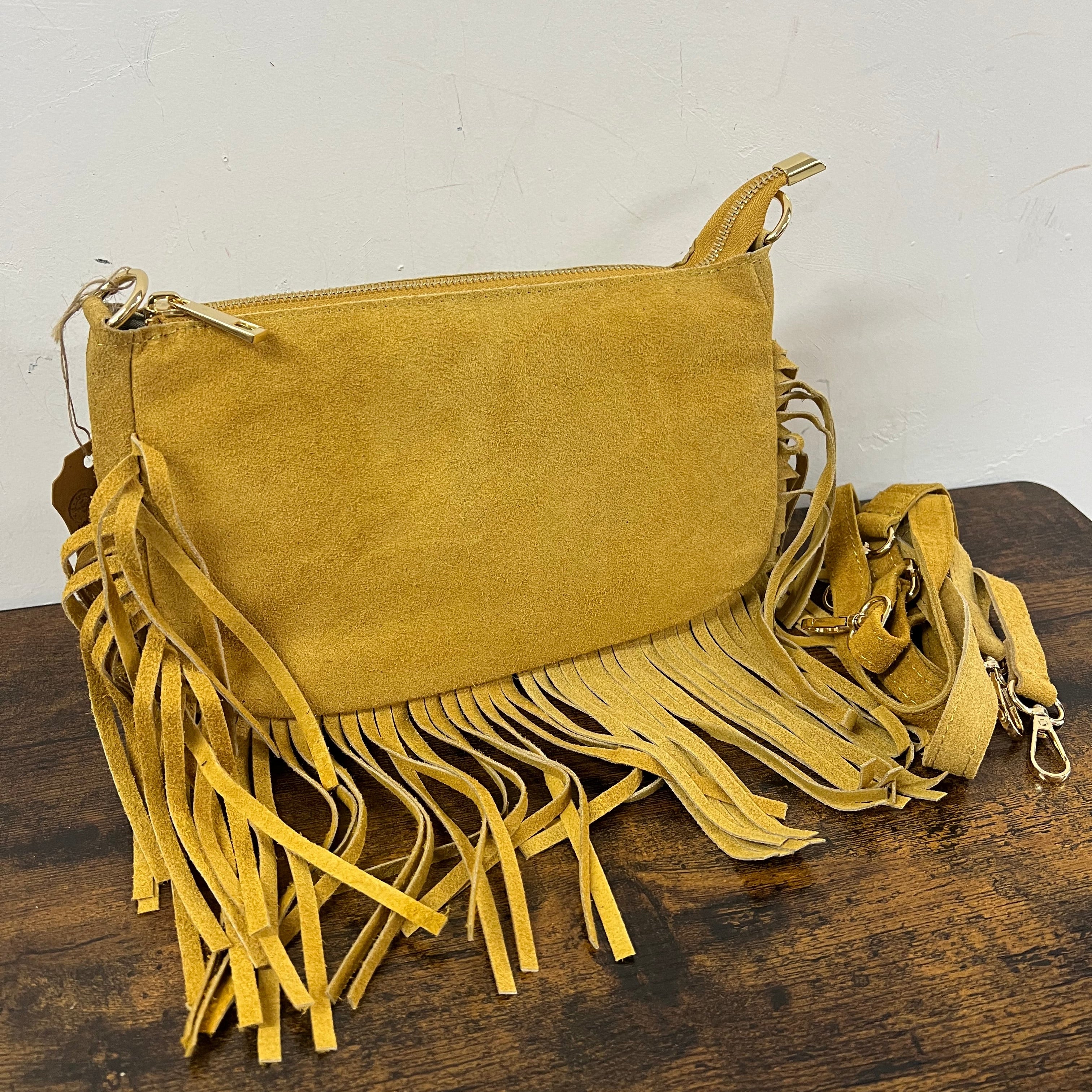Baguette pelle suede frange senape
