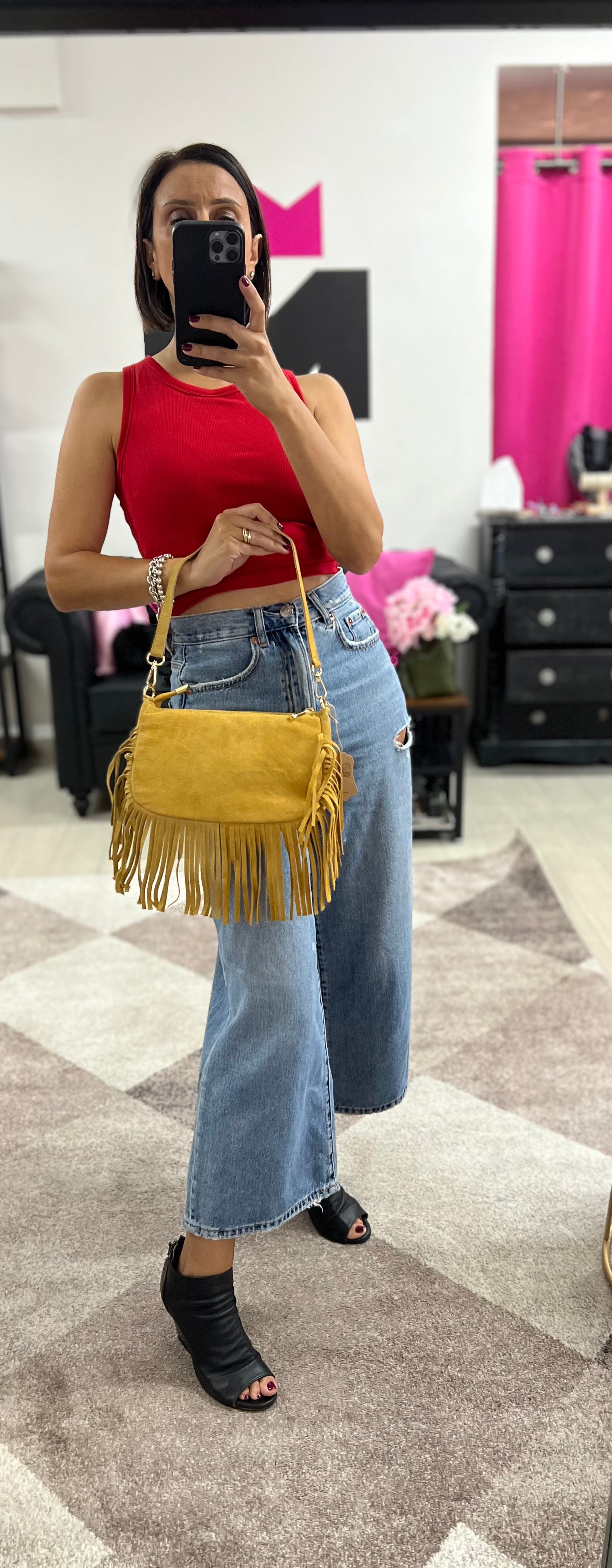 Baguette pelle suede frange senape