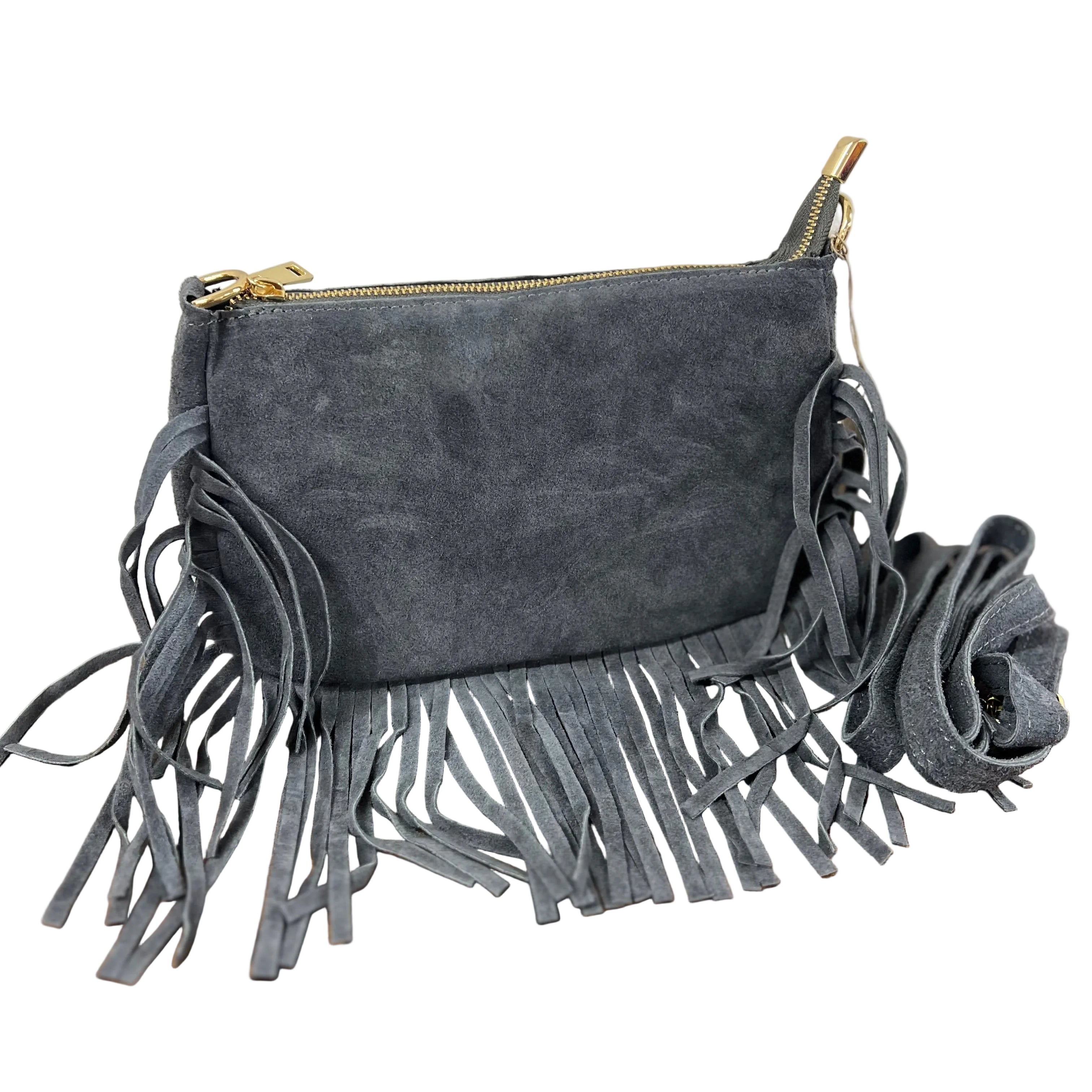 Baguette pelle suede frange grigio scuro
