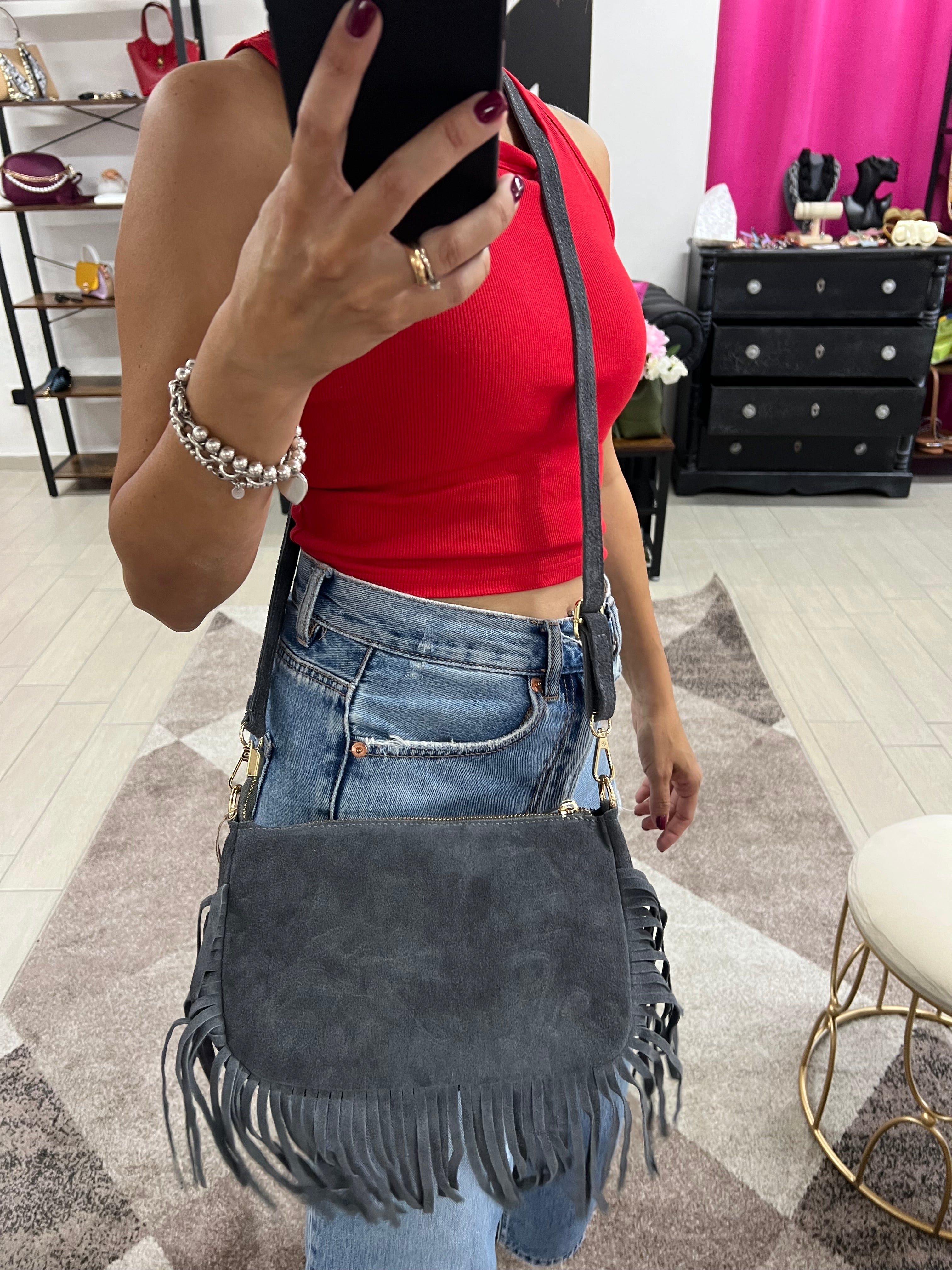 Dark grey suede fringe baguette