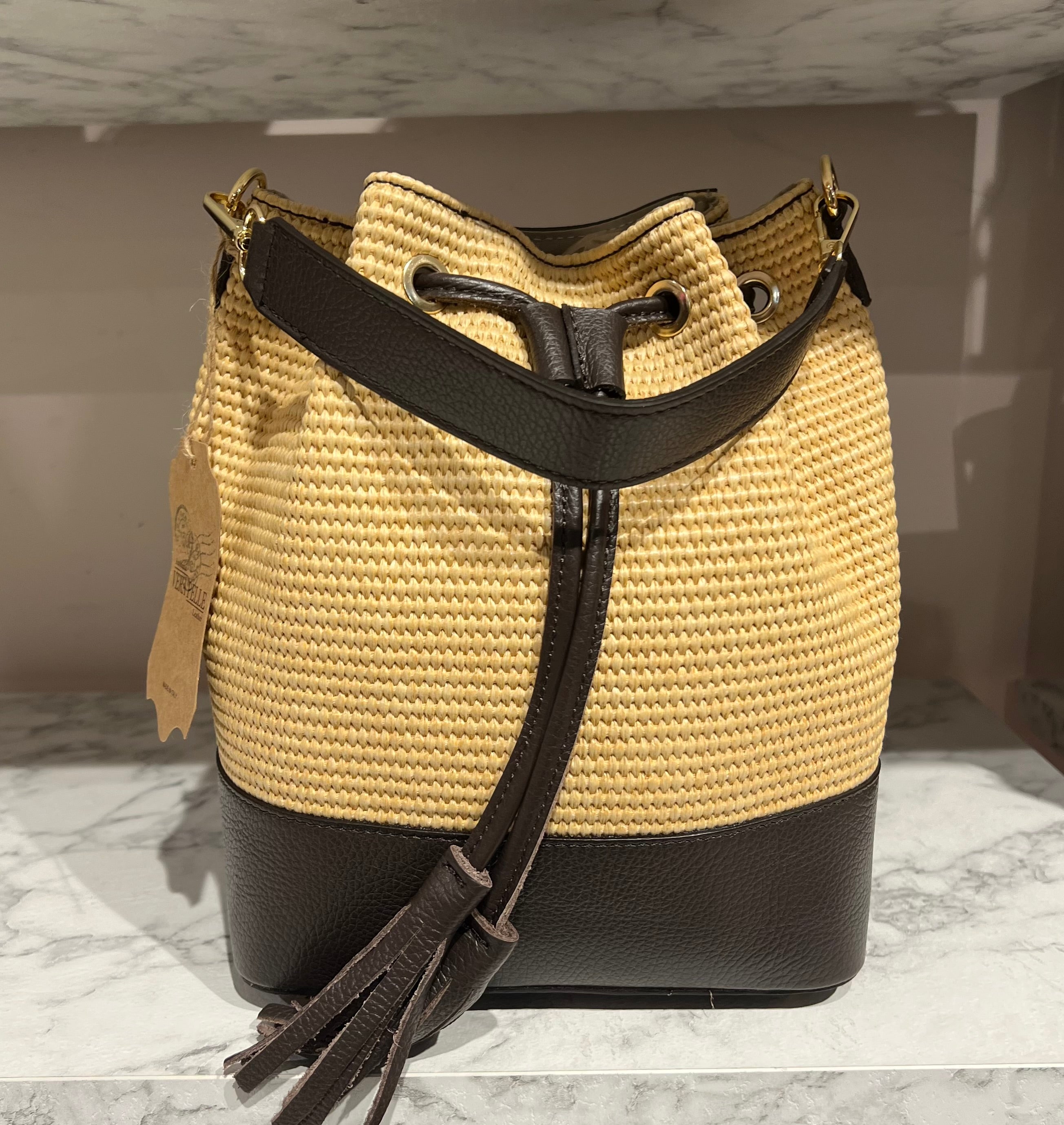 Maxi fringe raffia dark brown bag