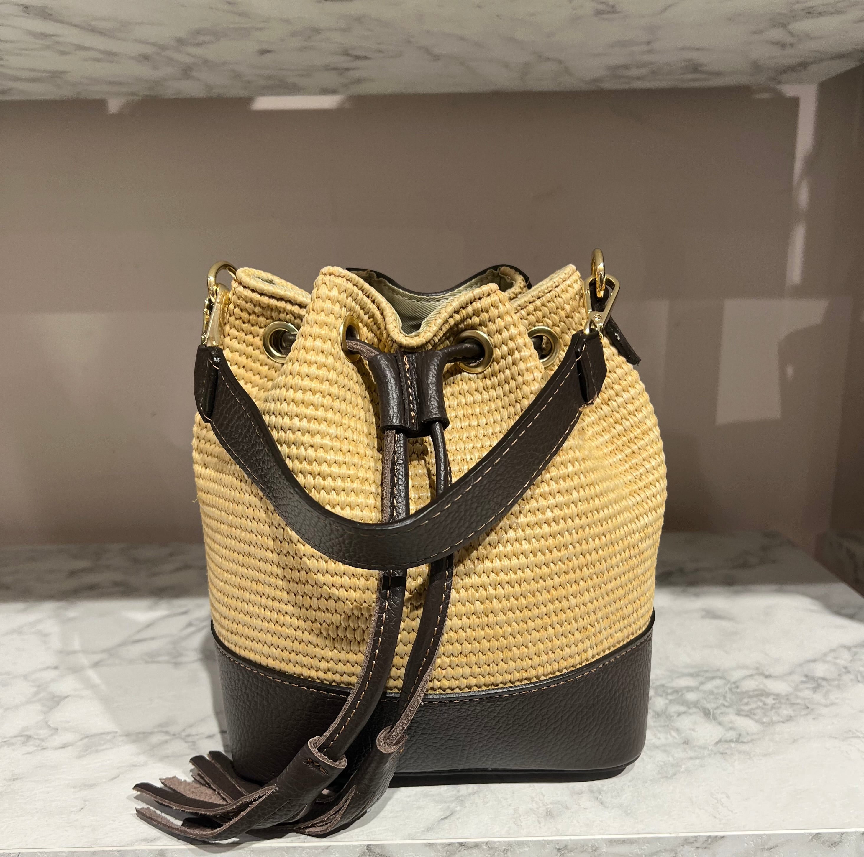 Dark brown raffia mini fringe bag