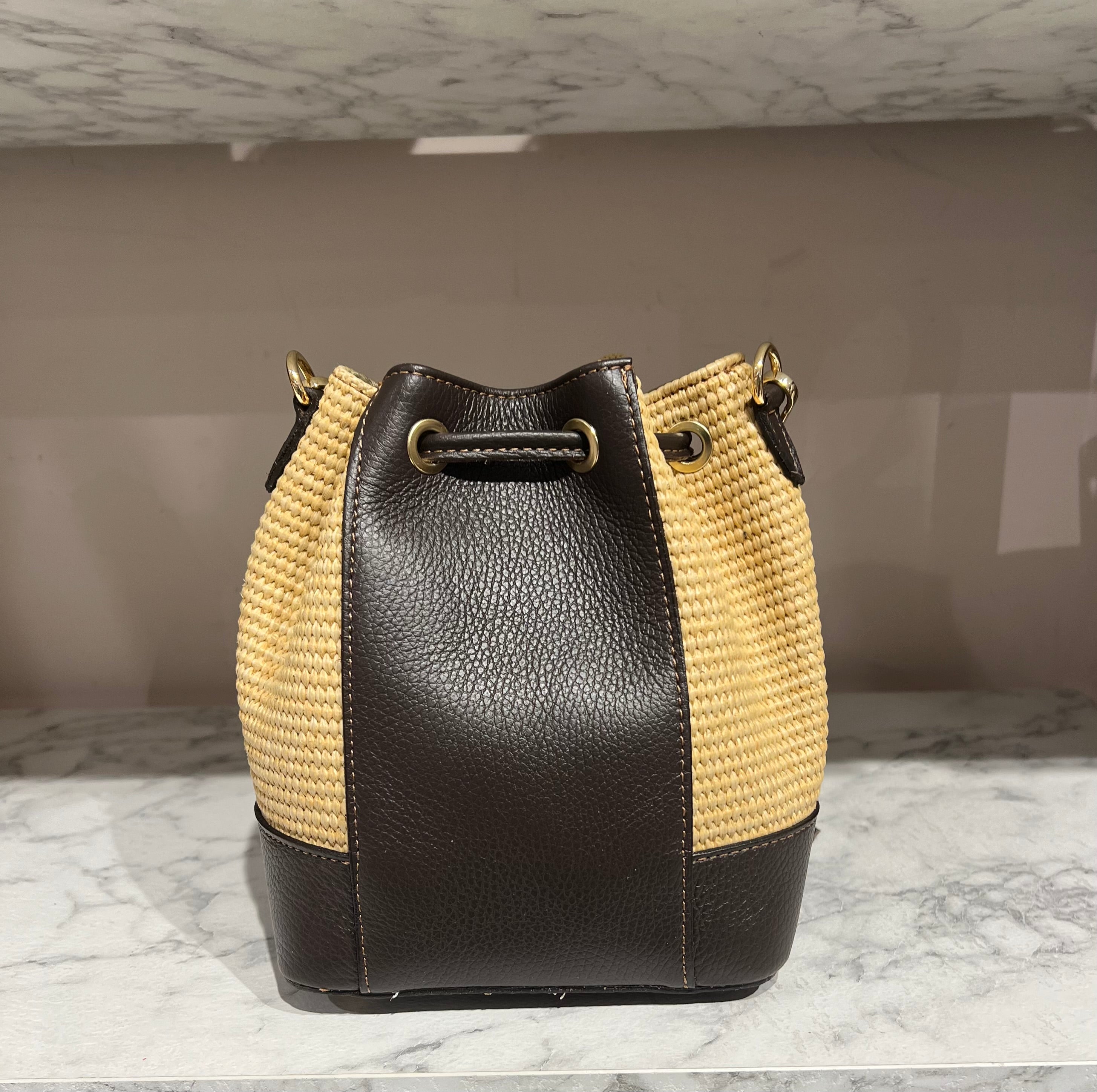 Dark brown raffia mini fringe bag