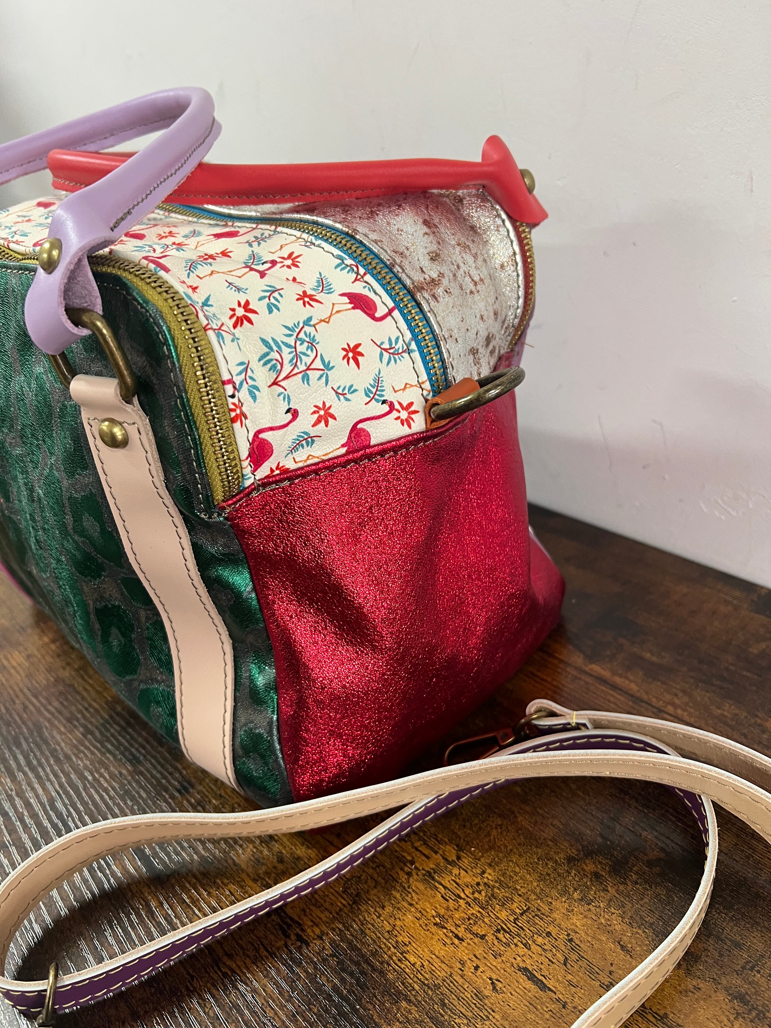 Square country-style patchwork in fiery red and pale purple