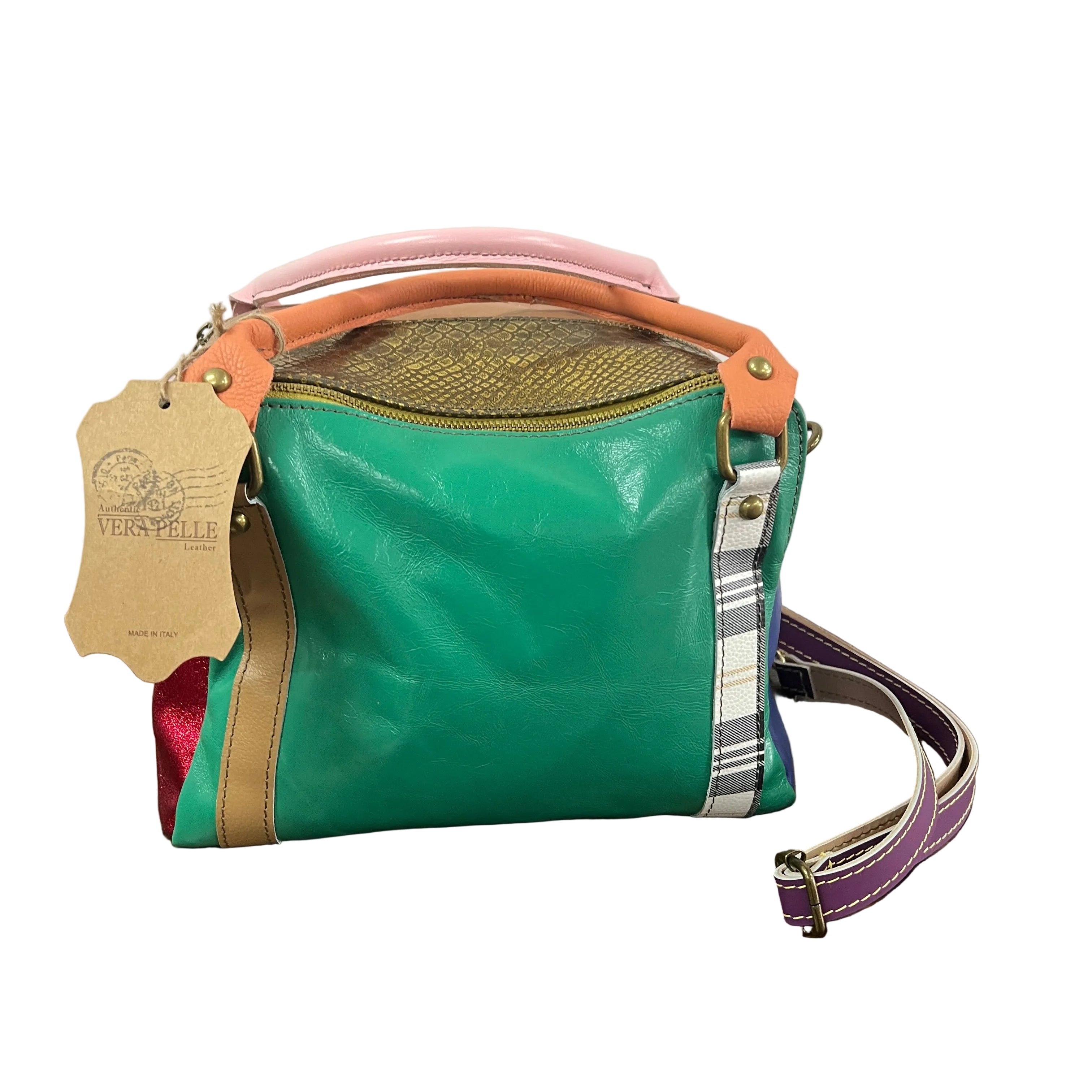Country quadrotta patchwork verde acqua e cuoio